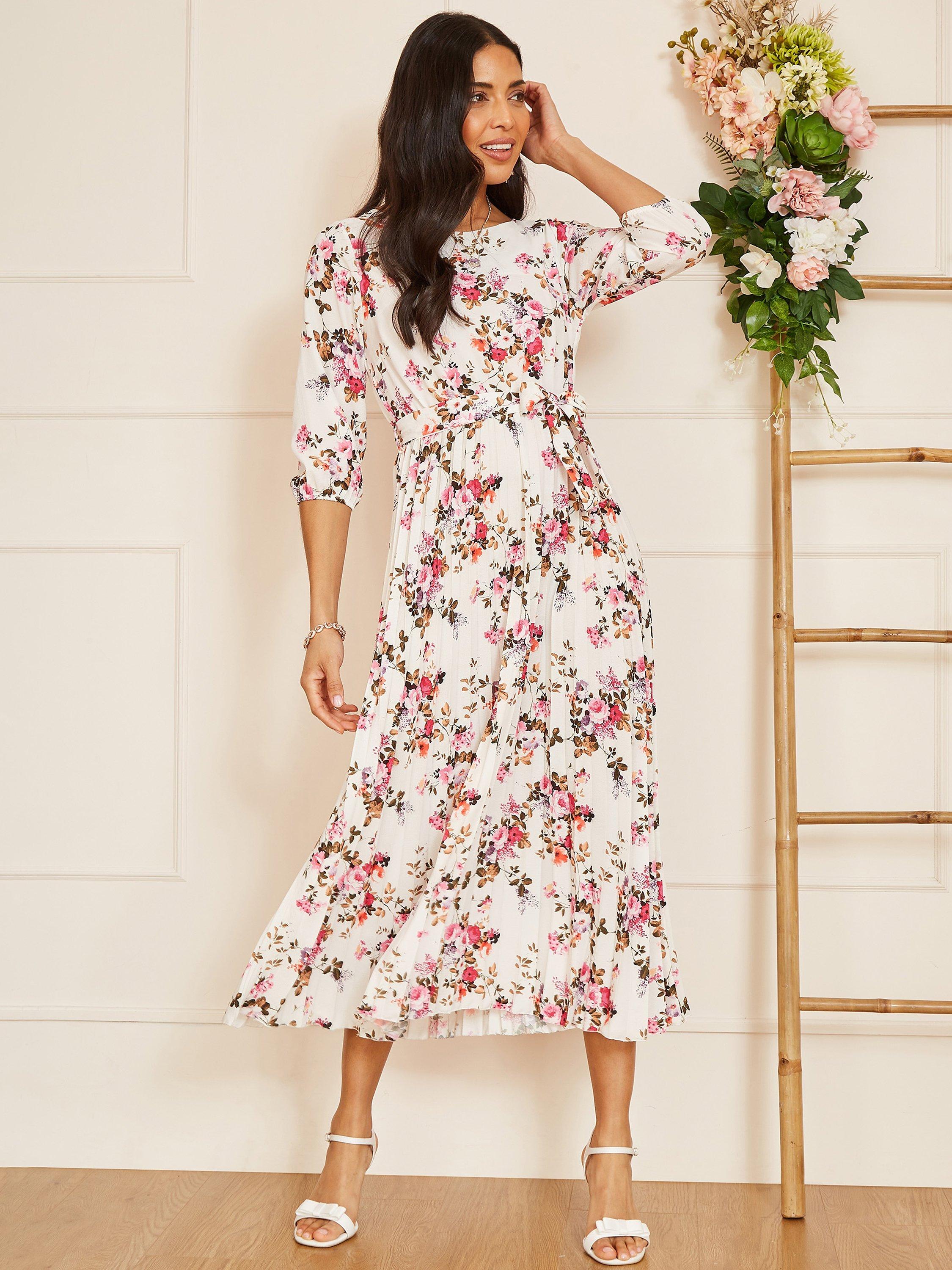Product image 3 of 6, which shows Yumi Floral Print Pleated Dress, White, 8