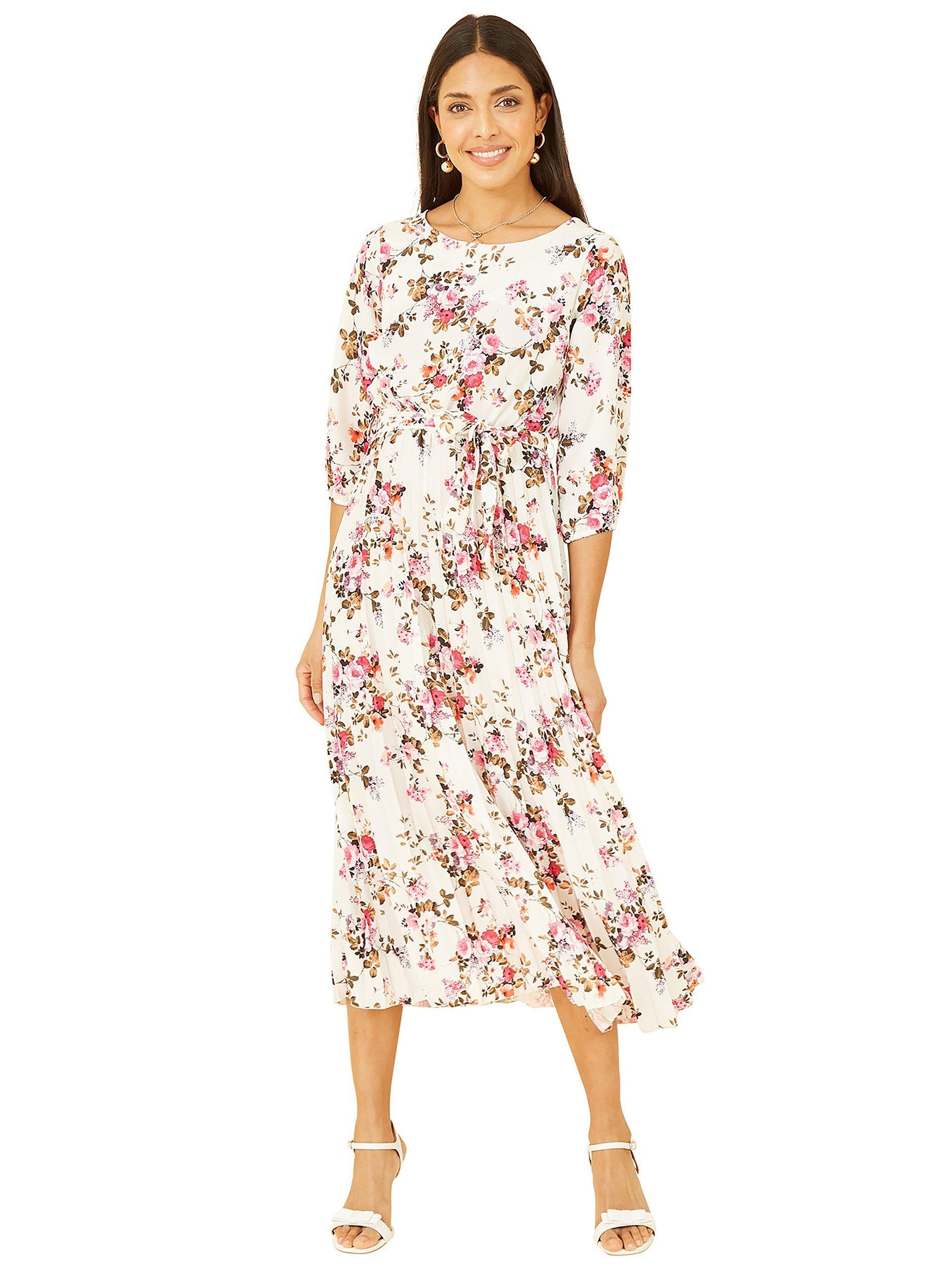 Product image 5 of 6, which shows Yumi Floral Print Pleated Dress, White, 8