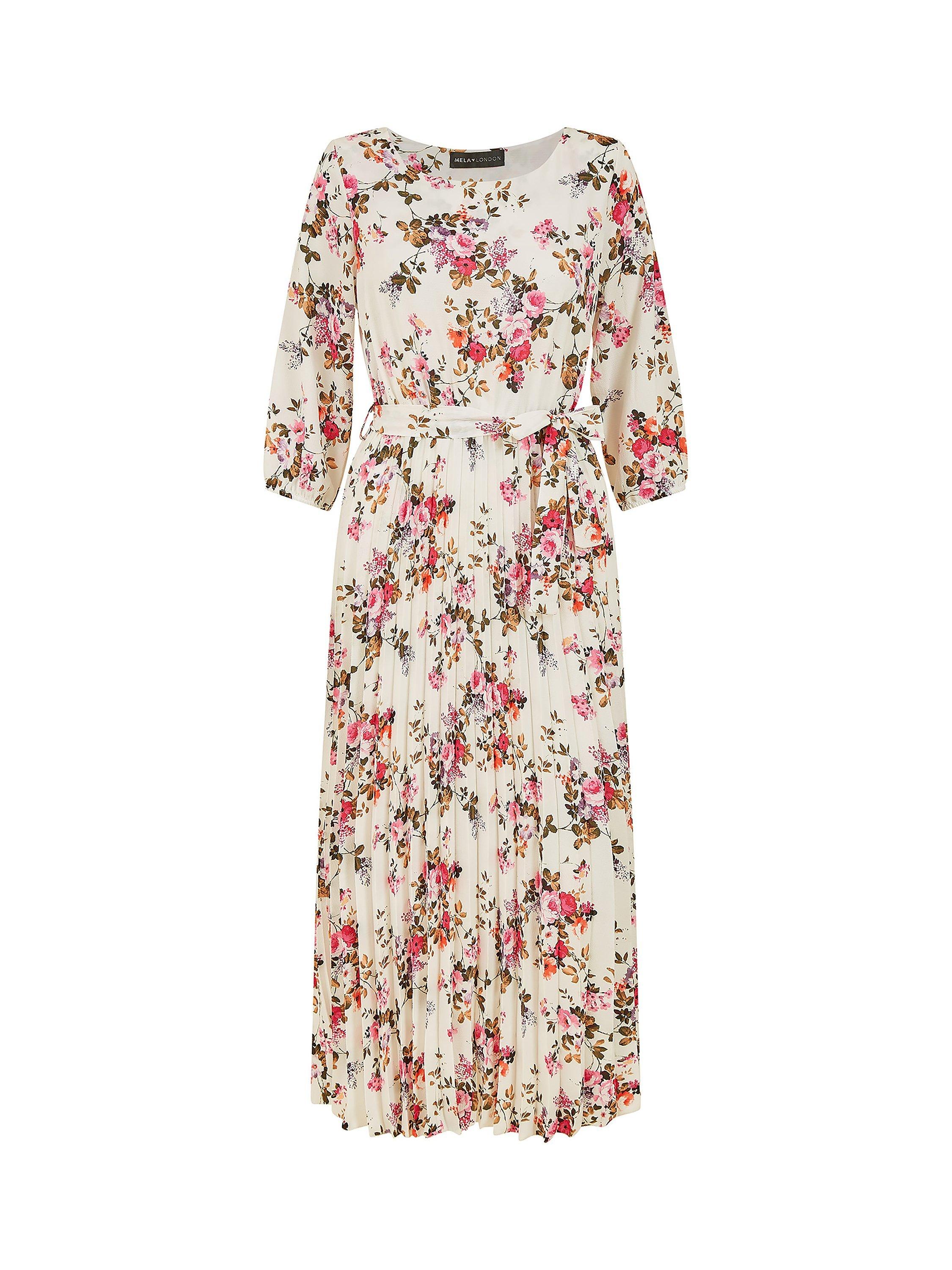 Product image 6 of 6, which shows Yumi Floral Print Pleated Dress, White, 8