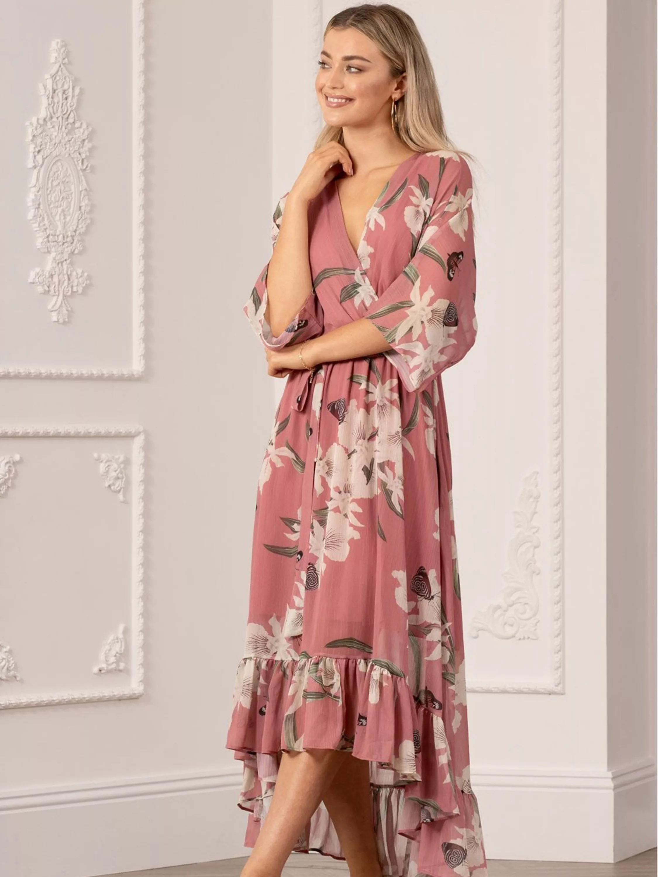 Yumi Floral Kimono Sleeves Dip Hem Wrap Midi Dress, Peach