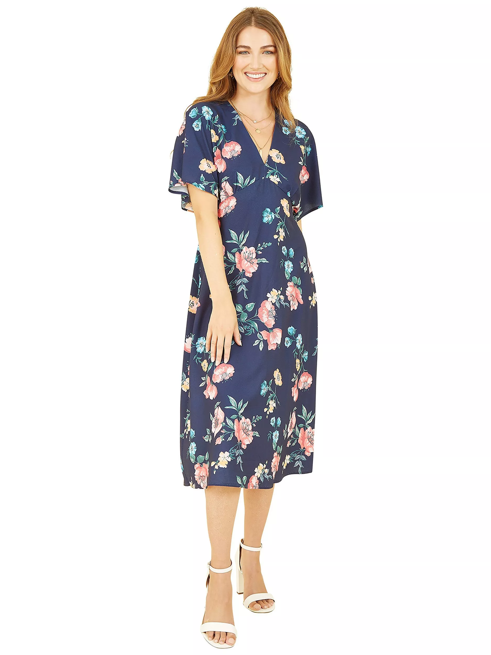 Yumi Floral Print Kimono Midi Dress, Navy