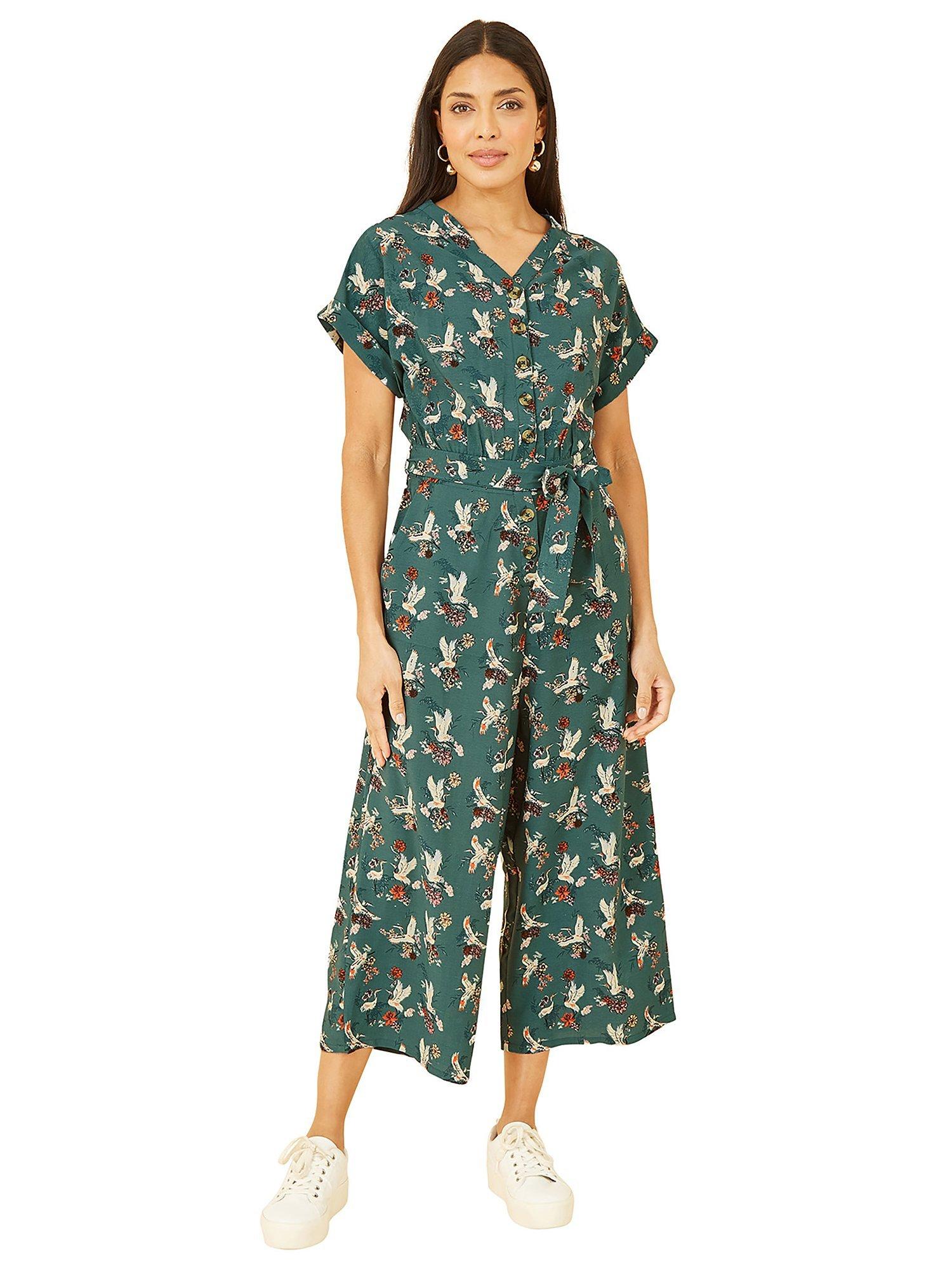 Product image 1 of 5, which shows Yumi Crane Print Culotte Jumpsuit, Teal, 8