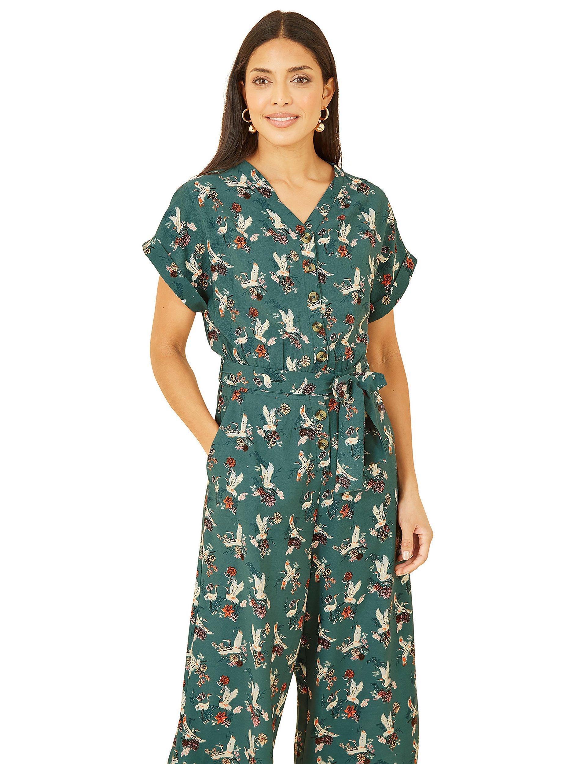 Product image 2 of 5, which shows Yumi Crane Print Culotte Jumpsuit, Teal, 8