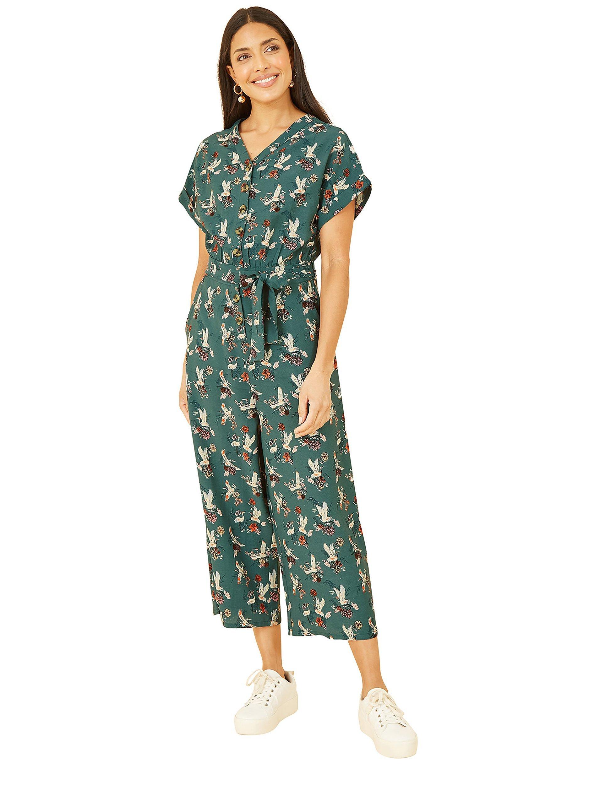 Product image 4 of 5, which shows Yumi Crane Print Culotte Jumpsuit, Teal, 8