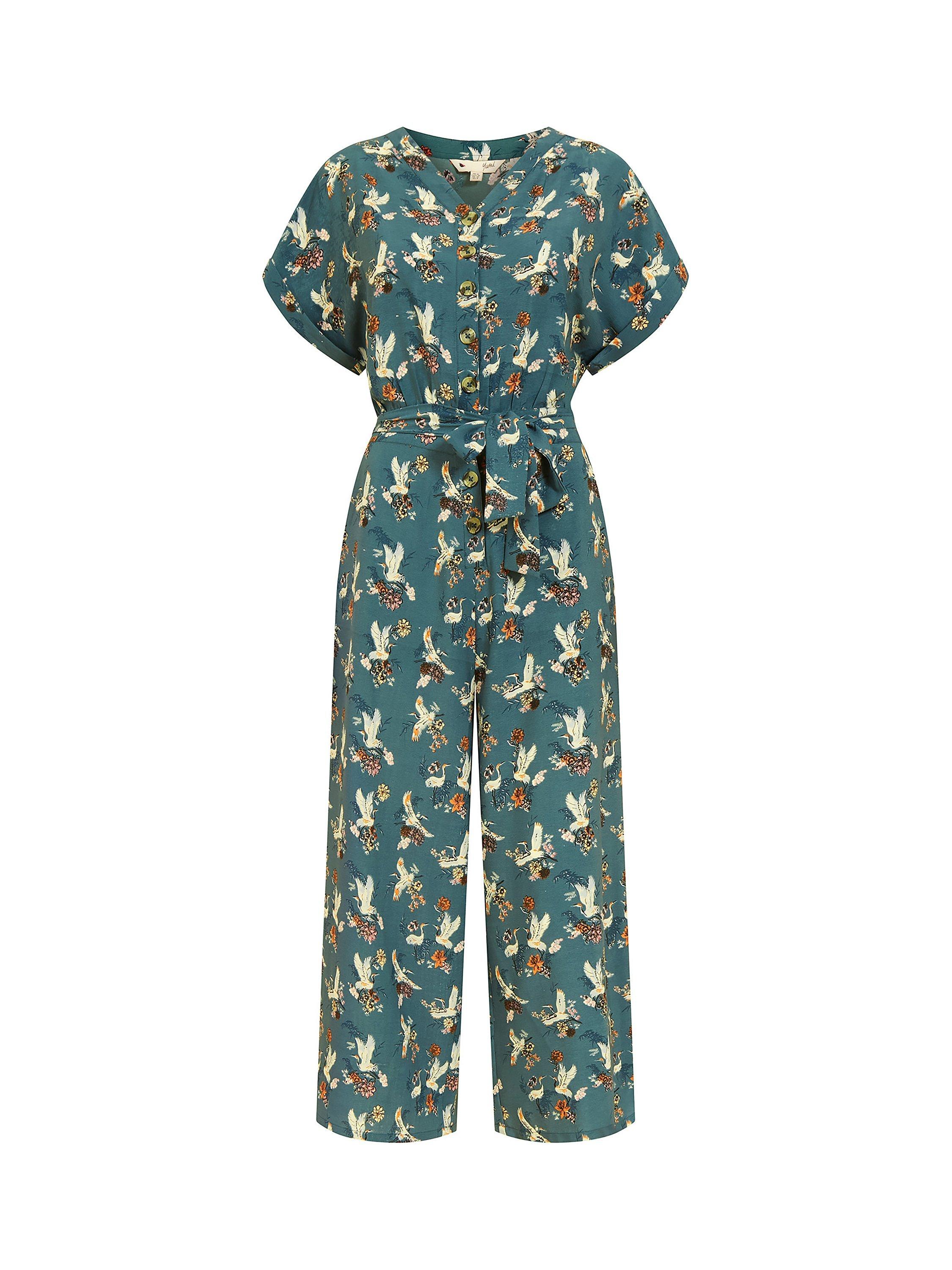 Product image 5 of 5, which shows Yumi Crane Print Culotte Jumpsuit, Teal, 8