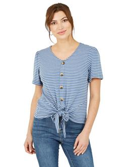 Yumi Striped Jersey Button Detail T-Shirt, Blue, Blue