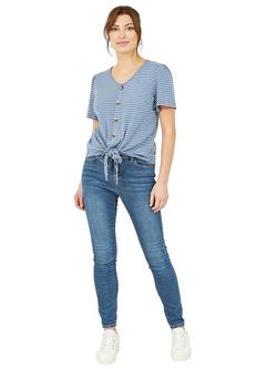 Yumi Striped Jersey Button Detail T-Shirt, Blue - view 2, Blue