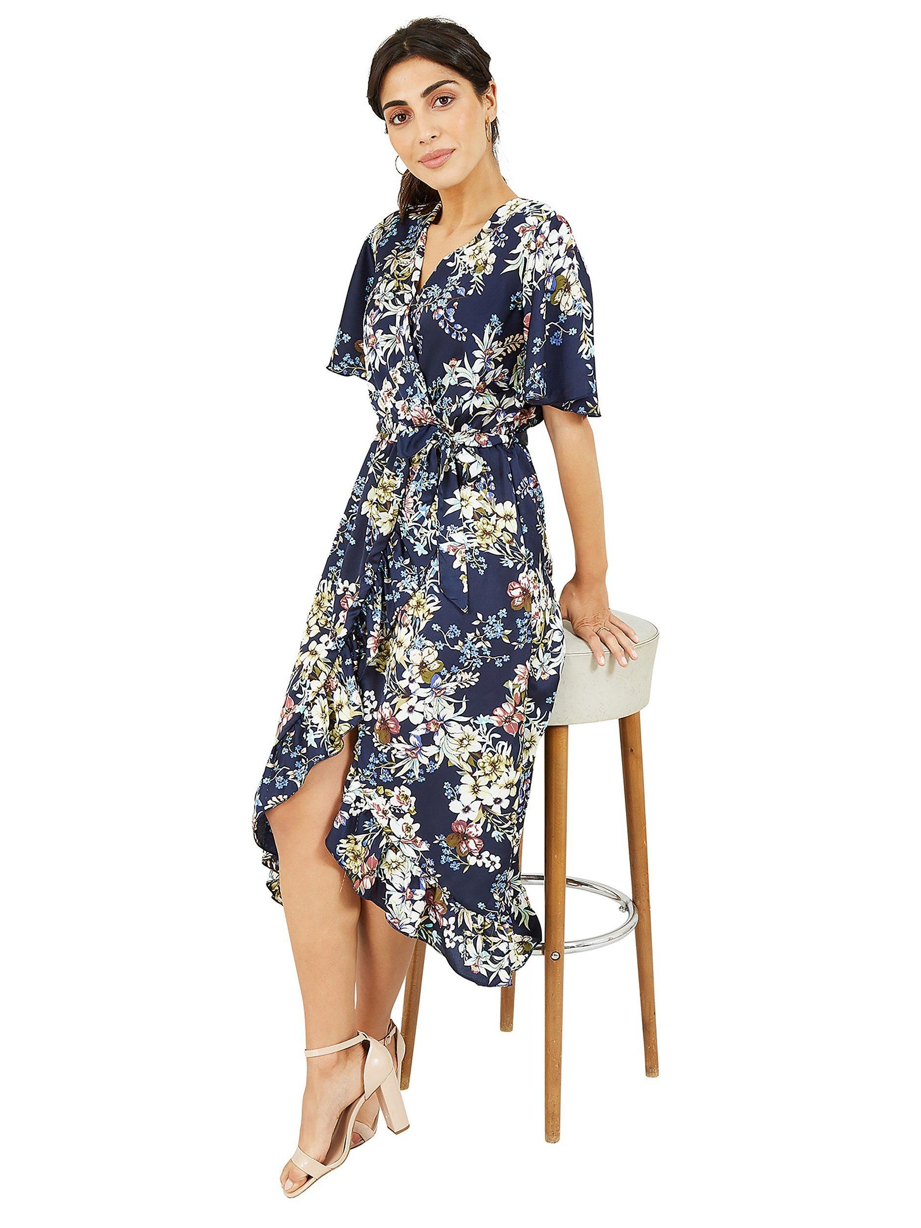 Mela London Floral Print Satin Wrap Dress, Navy