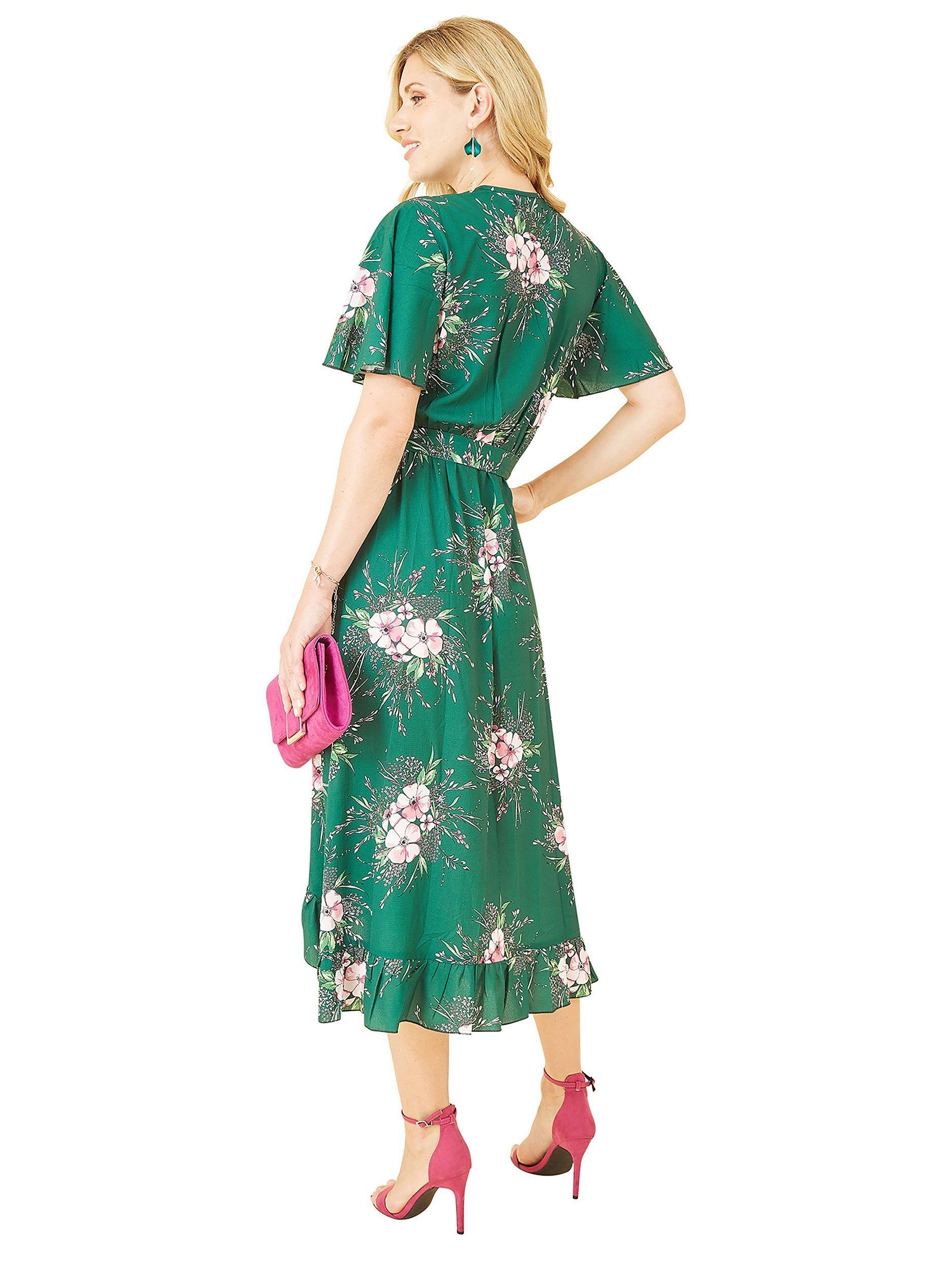 Product image 3 of 5, which shows Mela London Floral Dip Hem Wrap Midi Dress, Green, 12