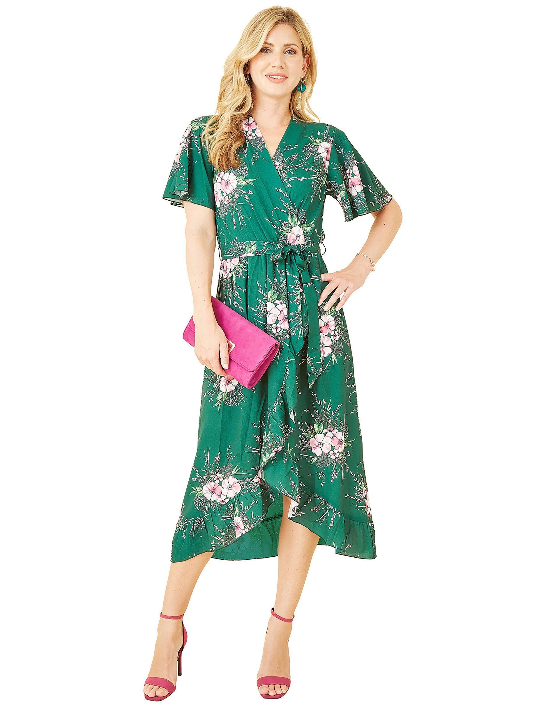 Product image 4 of 5, which shows Mela London Floral Dip Hem Wrap Midi Dress, Green, 12