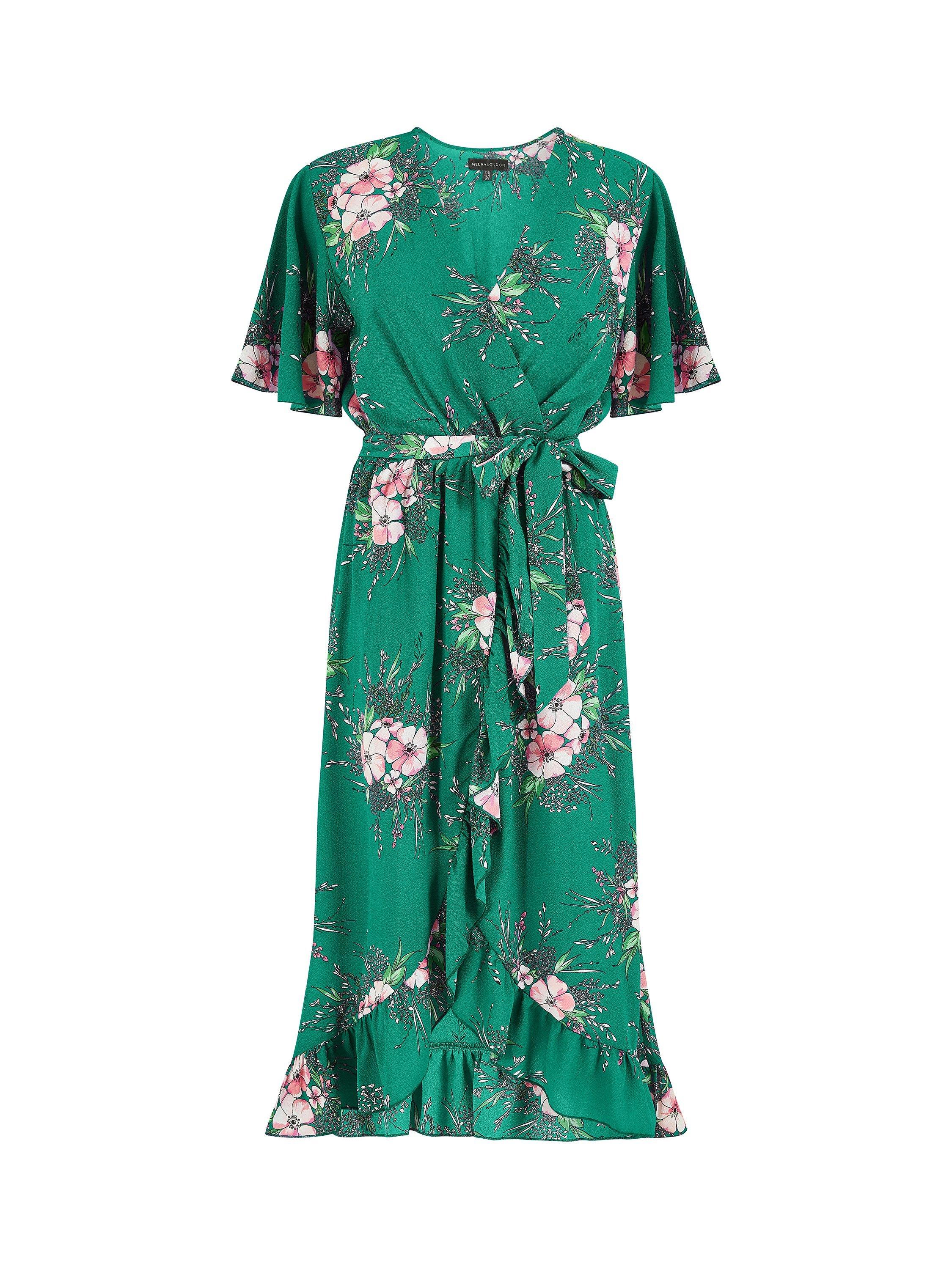 Product image 5 of 5, which shows Mela London Floral Dip Hem Wrap Midi Dress, Green, 12
