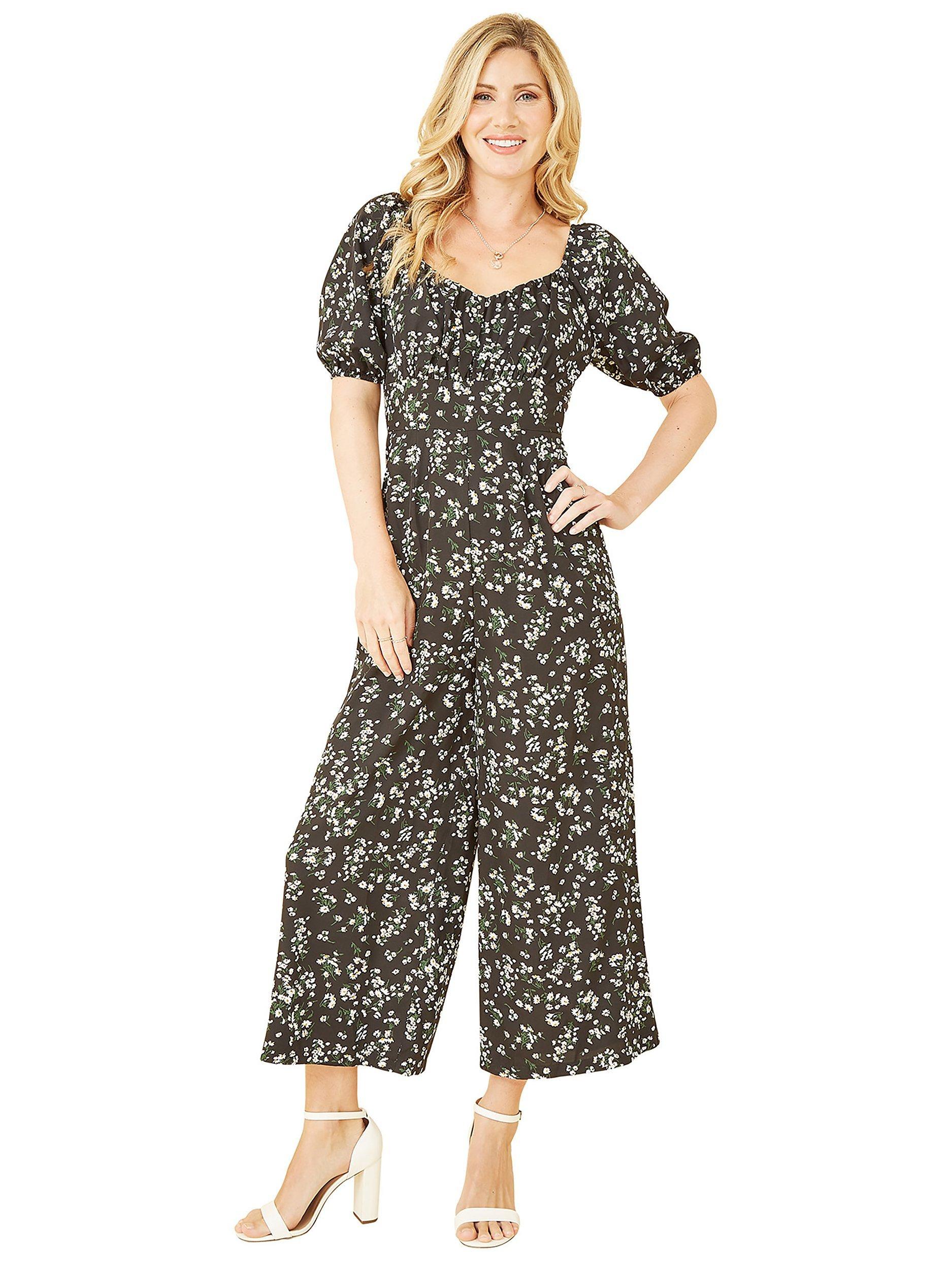 Product image 1 of 5, which shows Mela London Daisy Print Sweetheart Neckline Jumpsuit, Black, 8