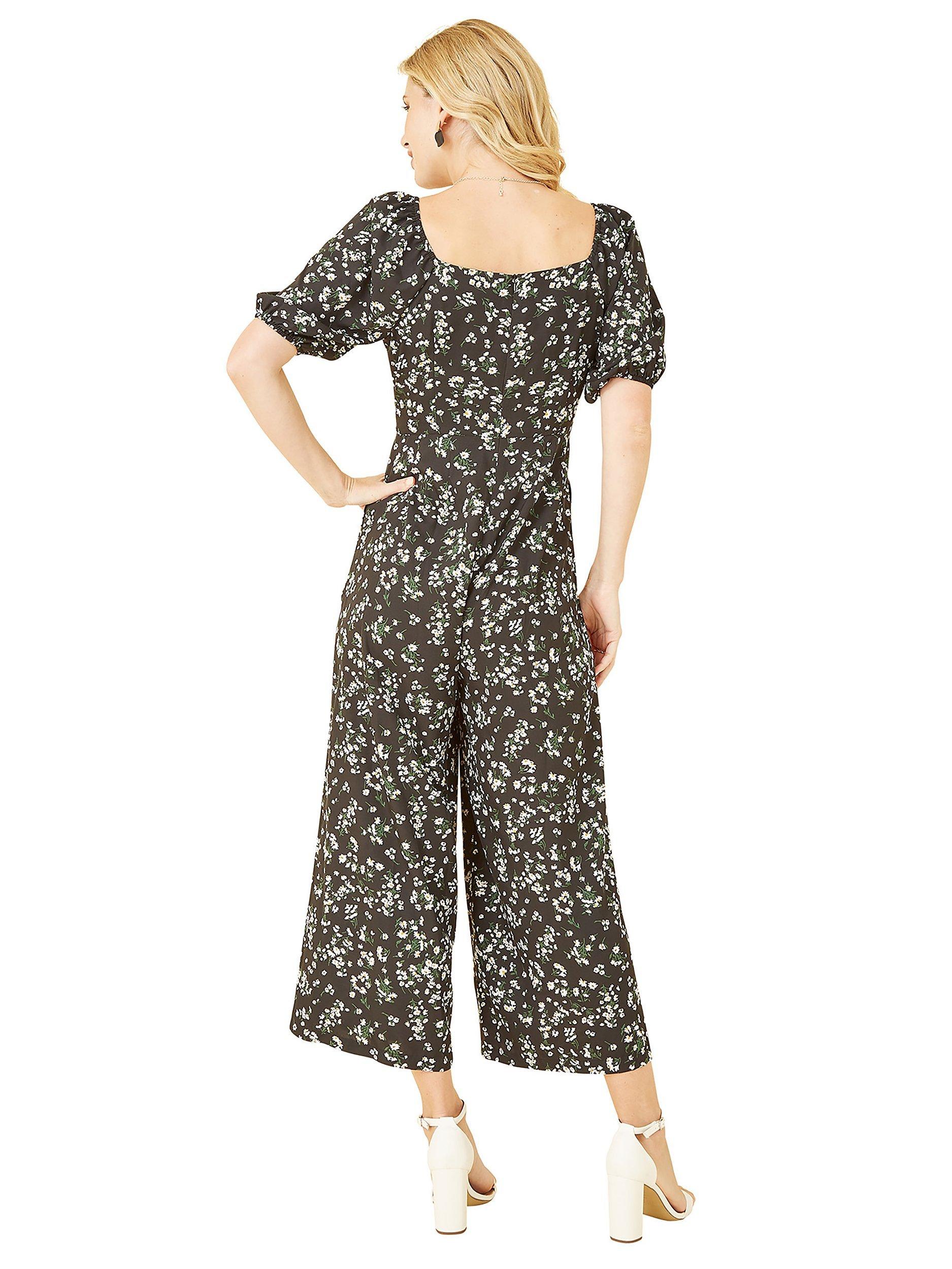 Product image 3 of 5, which shows Mela London Daisy Print Sweetheart Neckline Jumpsuit, Black, 8