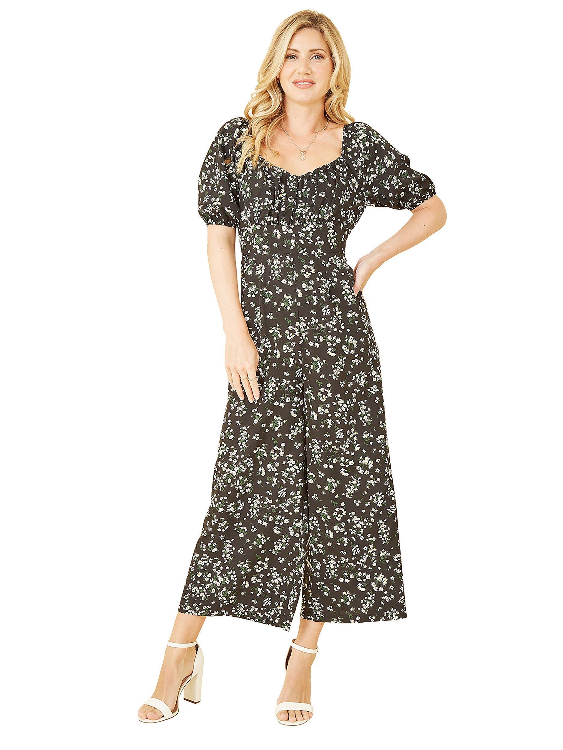 Product image 4 of 5, which shows Mela London Daisy Print Sweetheart Neckline Jumpsuit, Black, 8
