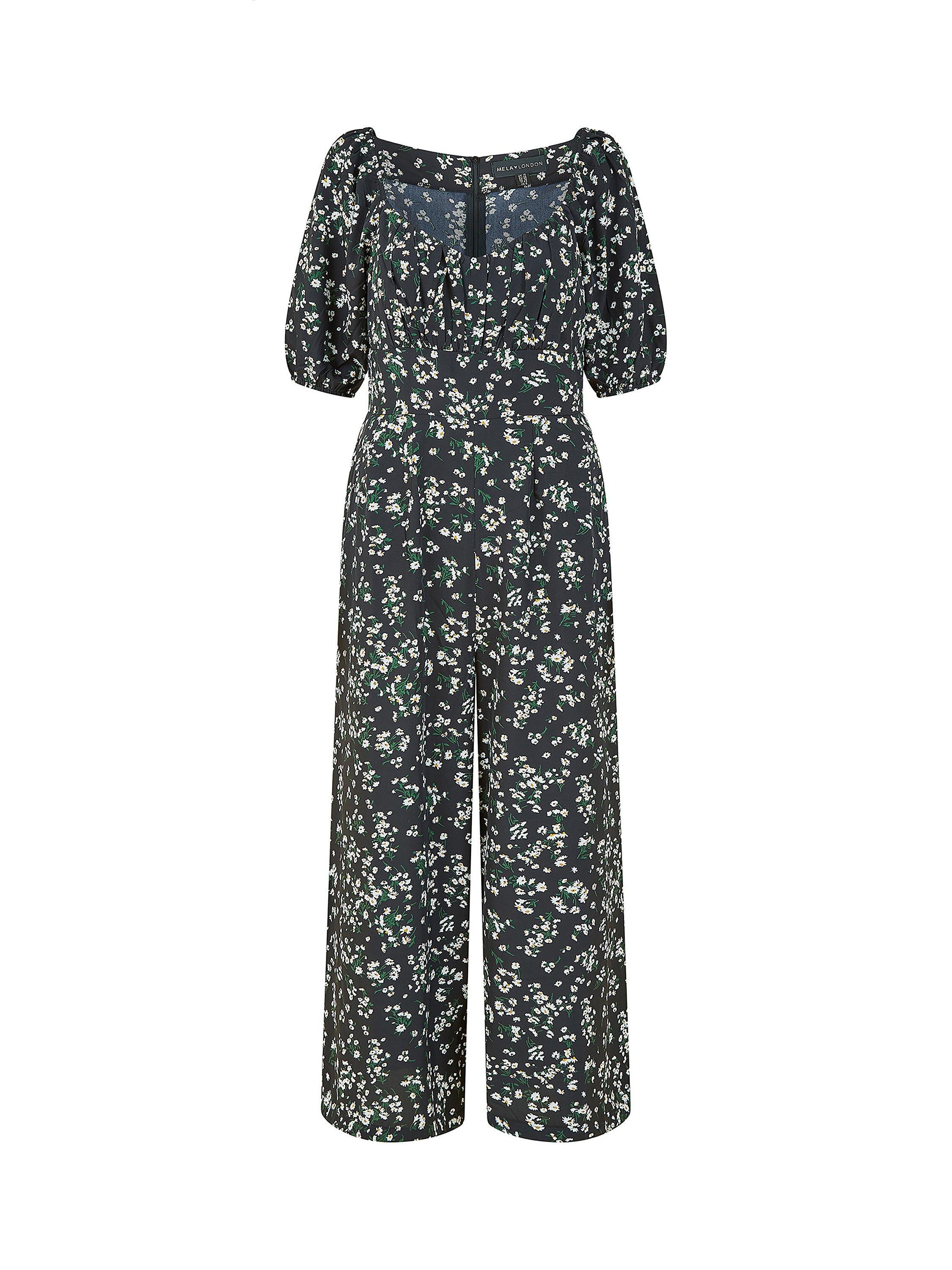 Product image 5 of 5, which shows Mela London Daisy Print Sweetheart Neckline Jumpsuit, Black, 8