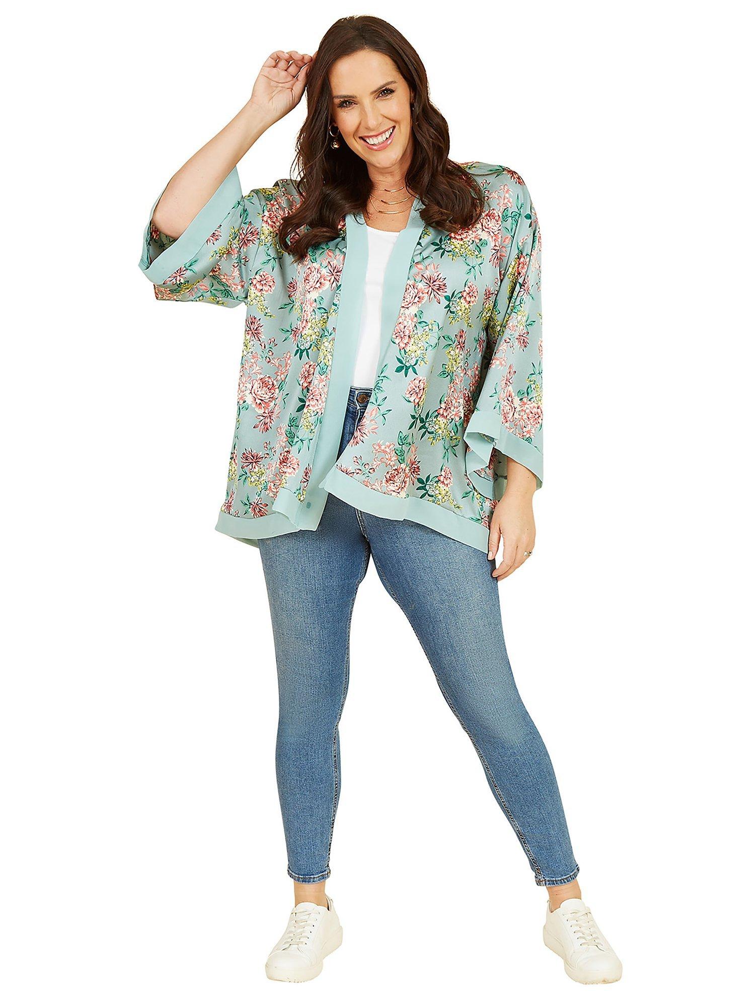 Product image 2 of 5, which shows Mela London Curve Floral Satin Kimono, Green, 18