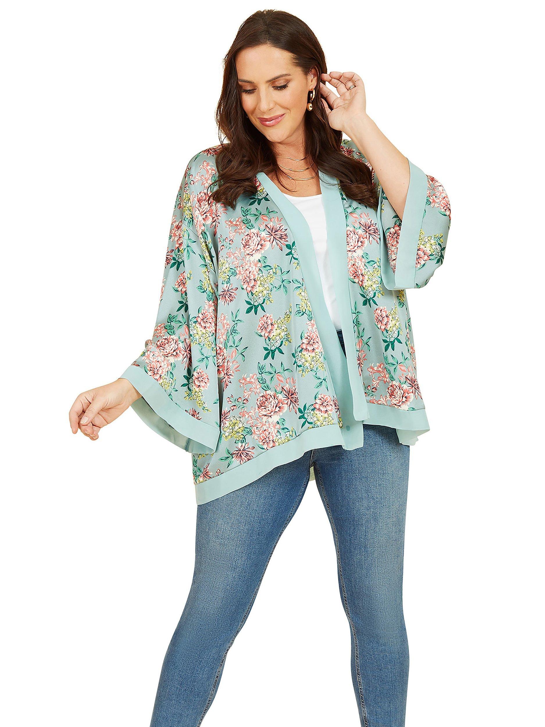 Product image 3 of 5, which shows Mela London Curve Floral Satin Kimono, Green, 18