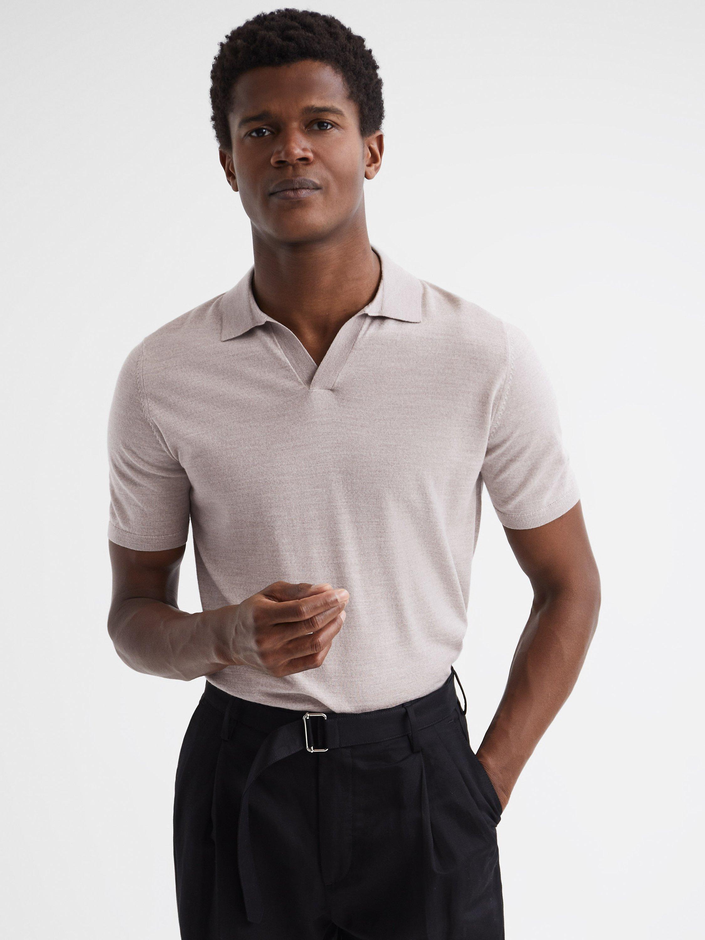 Reiss Malbec Open Collar Polo Shirt, Oatmeal