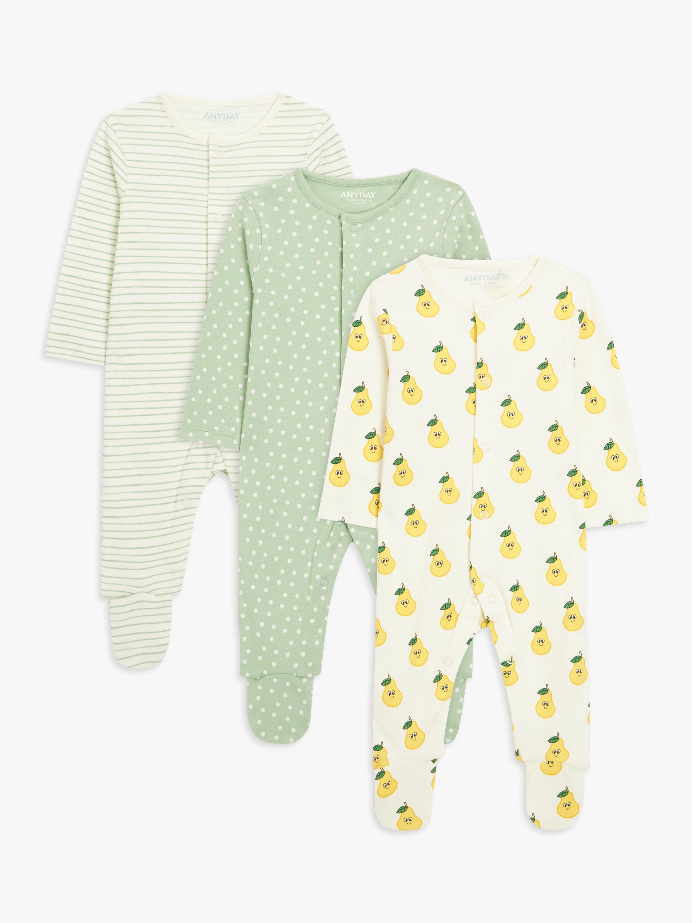 John Lewis ANYDAY Baby Pear Mix Sleepsuit, Pack of 3, Multi