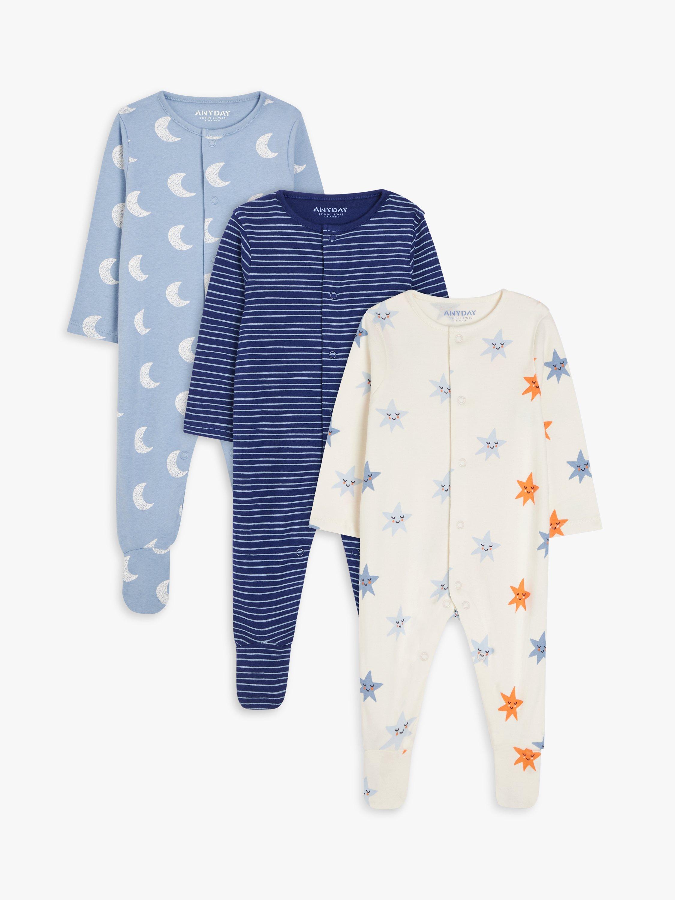 John Lewis ANYDAY Baby Star Stripe Mix Sleepsuits, Pack of 3, Multi