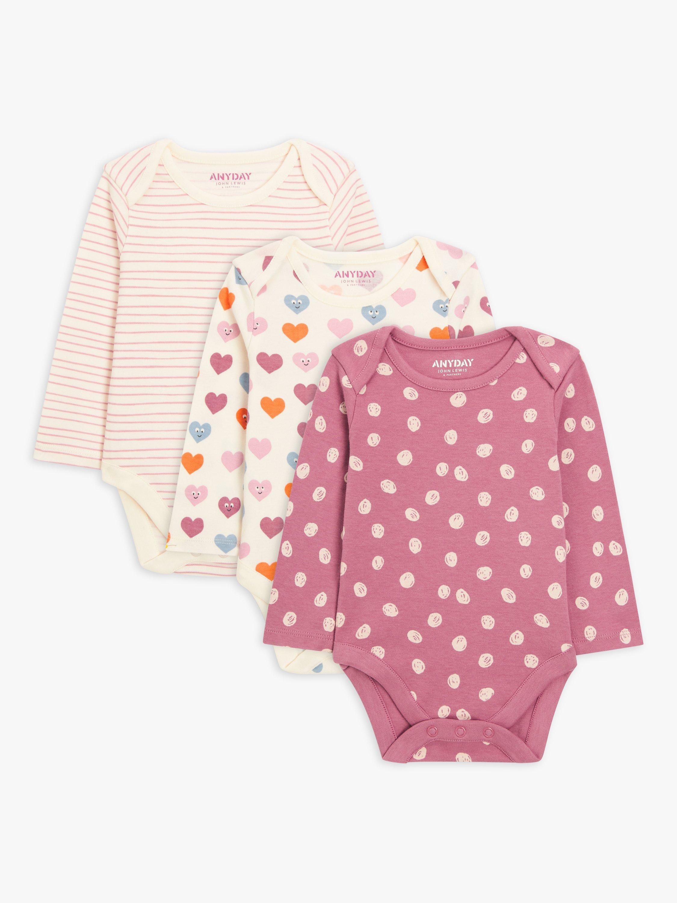 John Lewis ANYDAY Cotton Stripe/Spot/Heart Print Long Sleeve Bodysuits, Pack of 3