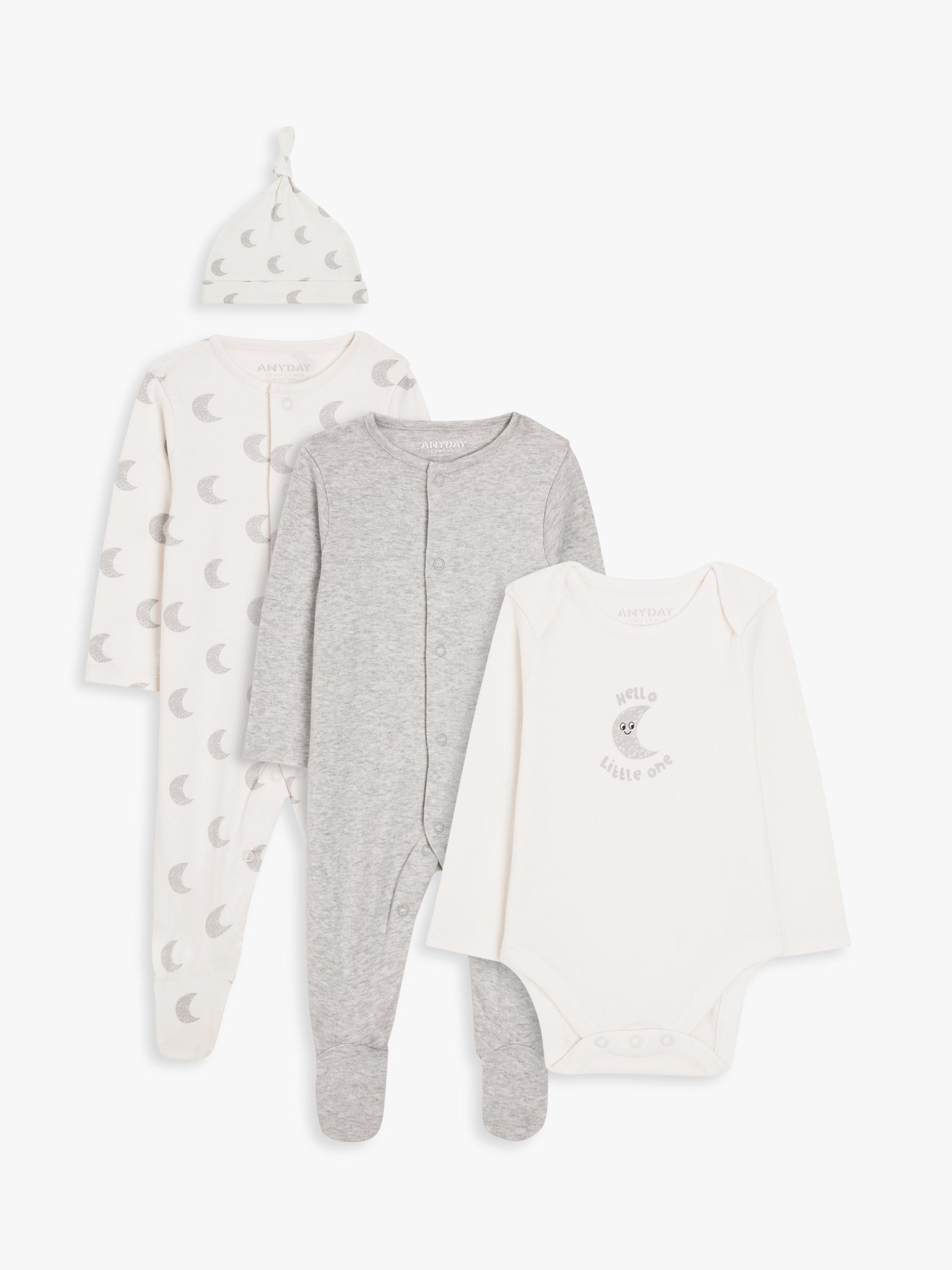 John Lewis ANYDAY Baby Moon Print Bodysuit, Sleepsuits & Hat Set, Grey/White