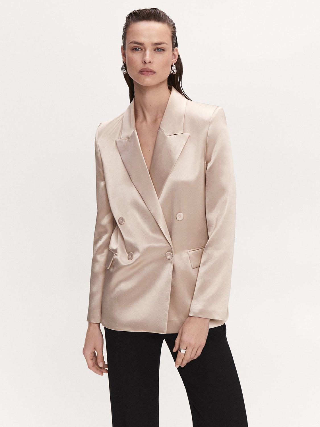 Mango Nico Satin Straight Blazer, Light Beige