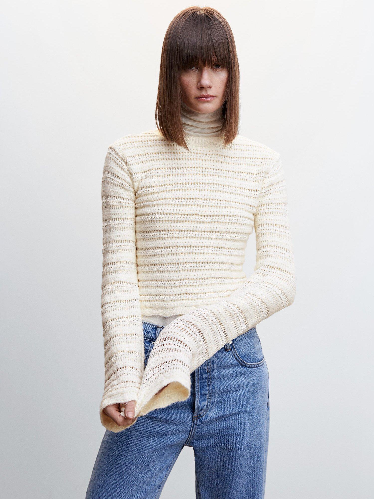 Mango Emine Open-Knit Turtleneck Jumper, Light Beige