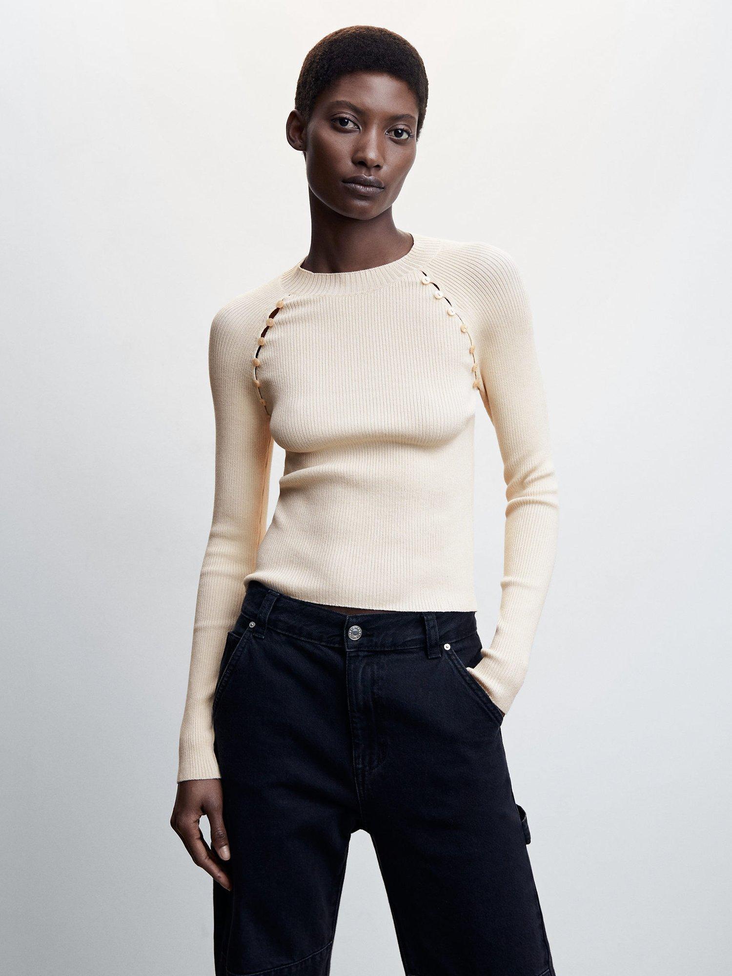 Mango Fenetre Button Detail Rib Knit Top, Ecru