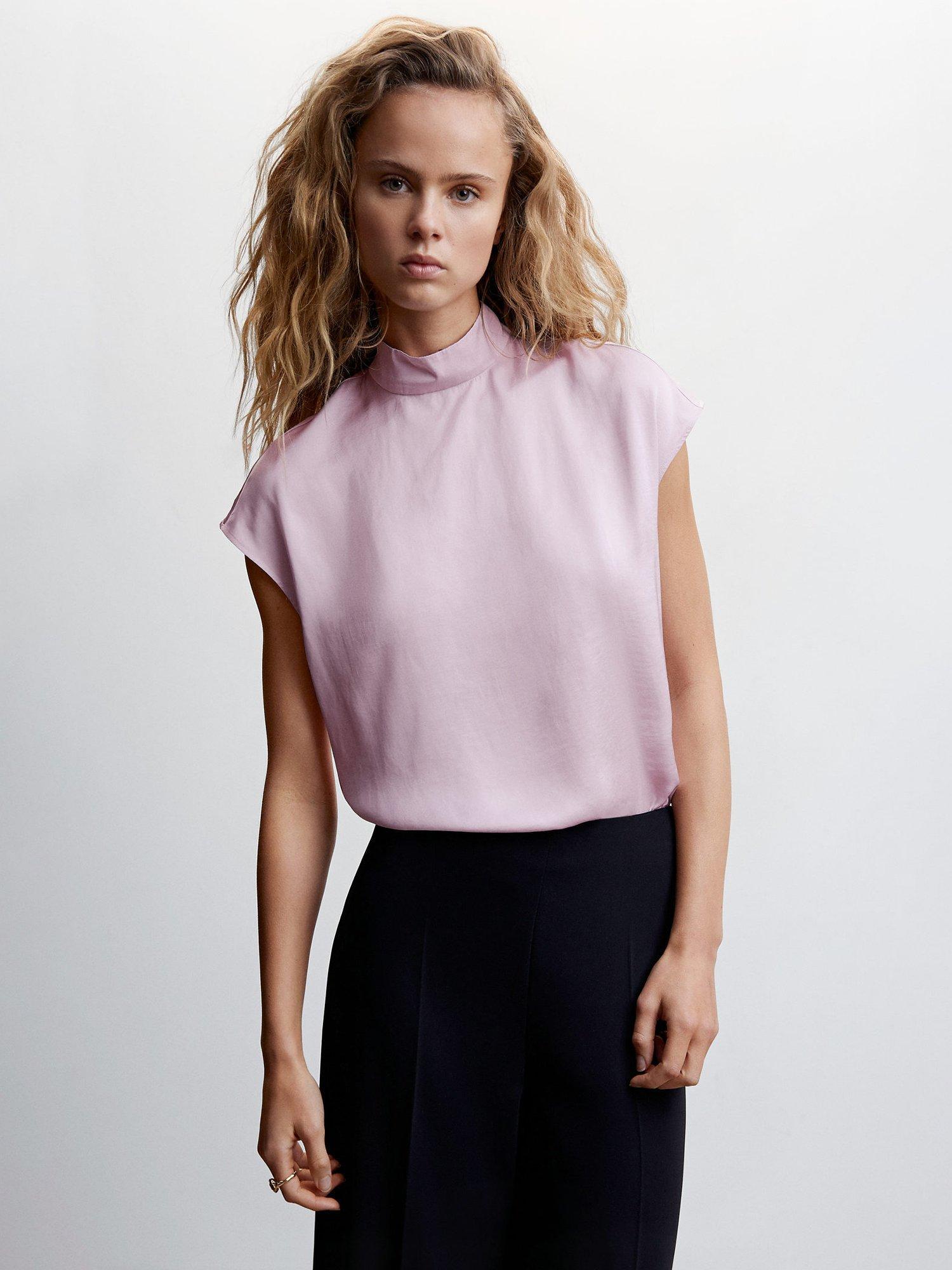Mango Tammy High Collar Satin Blouse, Pastel Purple