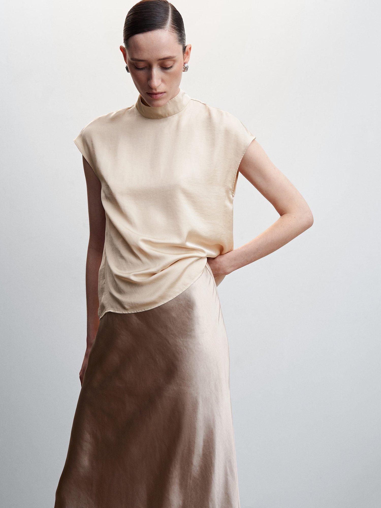 Mango Tammy High Collar Satin Blouse, Light Beige