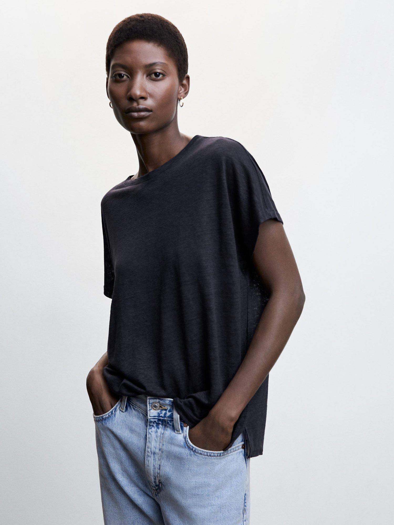 Mango Lint Linen T-Shirt, Navy