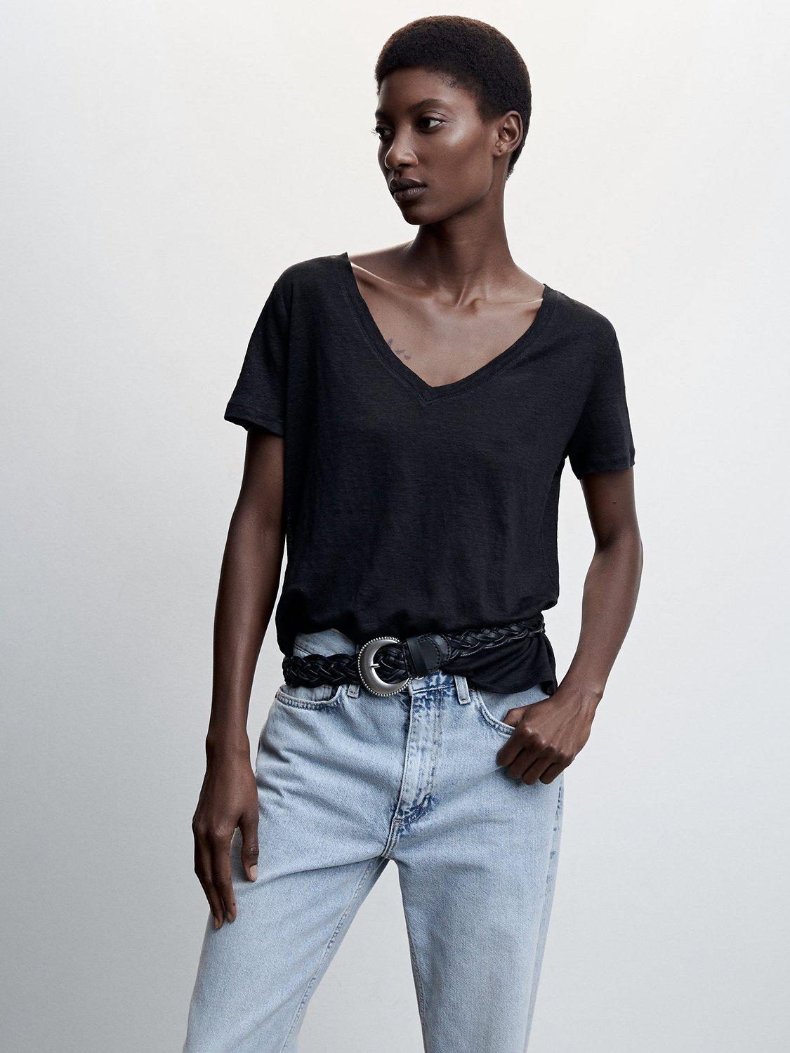 Mango Linito Linen Short Sleeve T-Shirt, Black