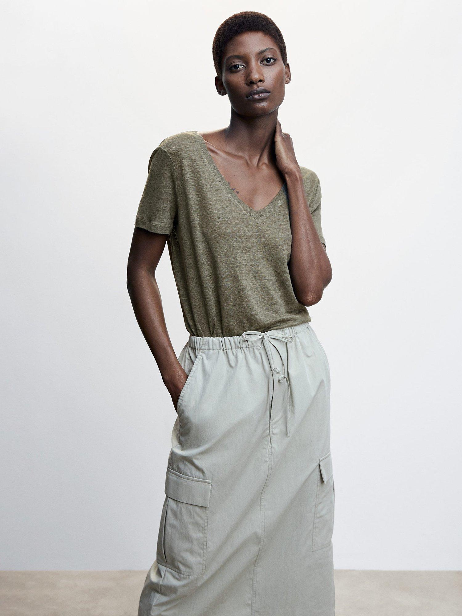 Mango Linito Linen Short Sleeve T-Shirt, Khaki
