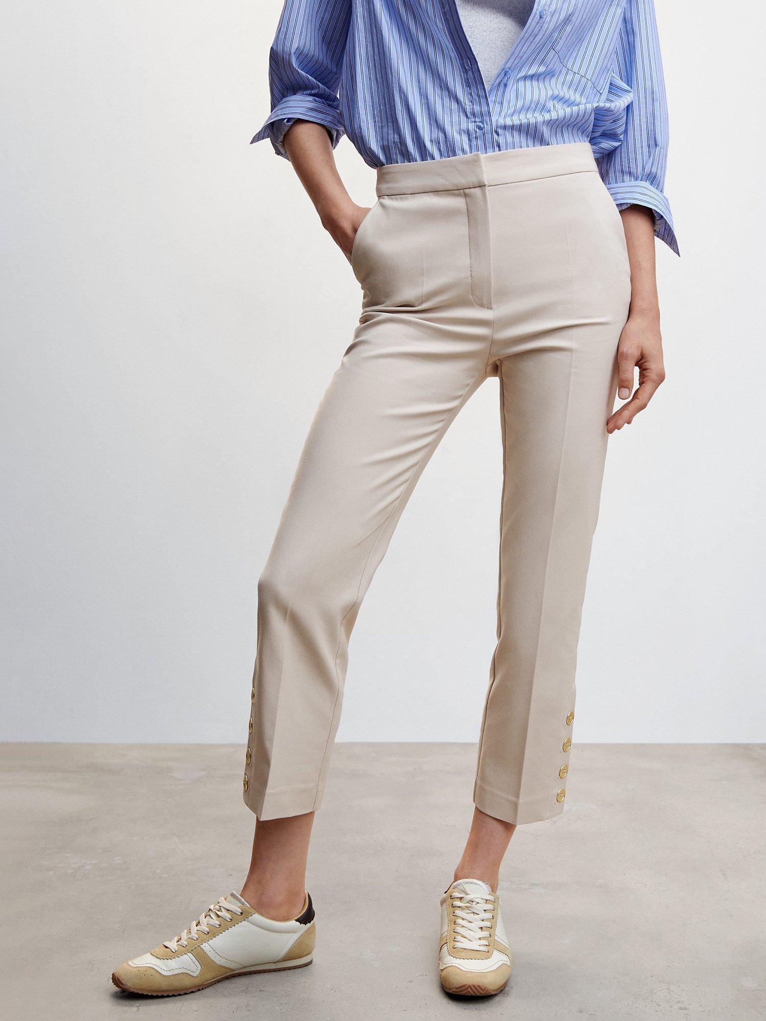 Mango Gold Cropped Button Hem Trousers, Natural White