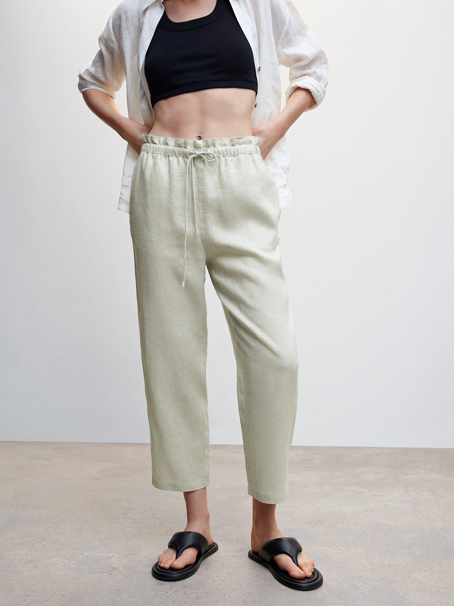 Mango Linen Culotte Trousers, Pale Green