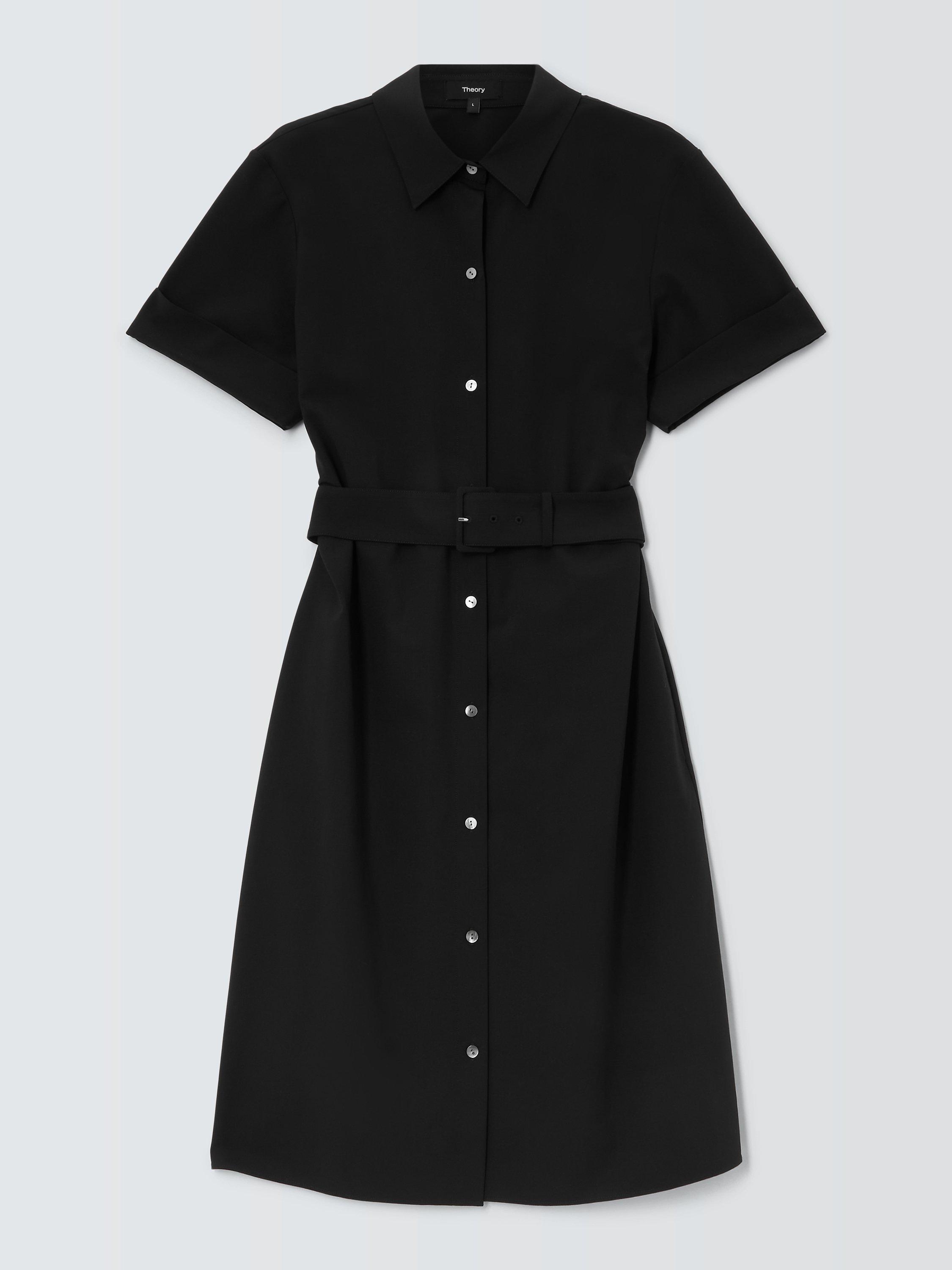 Theory Plain Wool Blend Belted Shirt Dress, Black