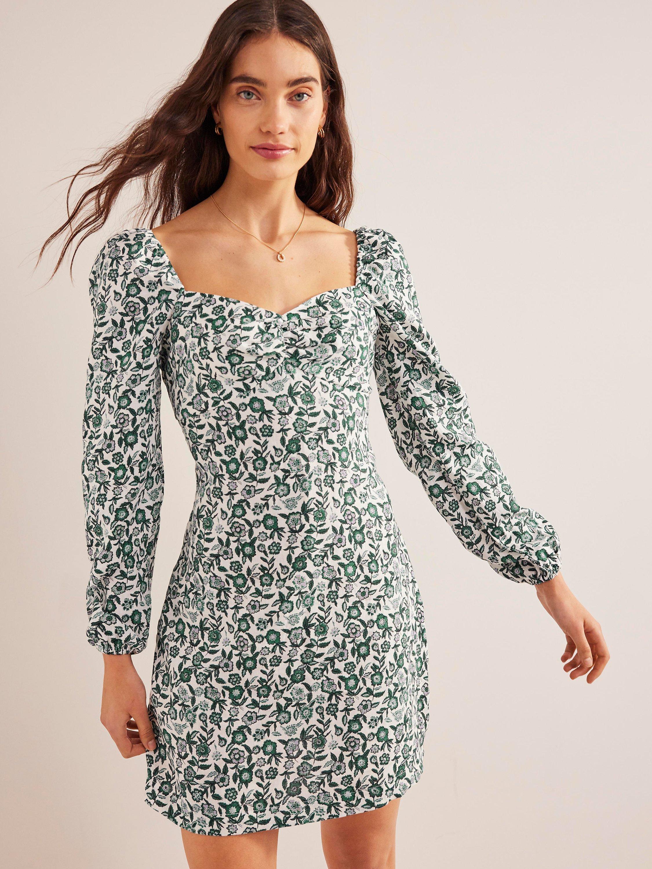 Boden Linen Floral Shift Mini Dress, Green/Multi