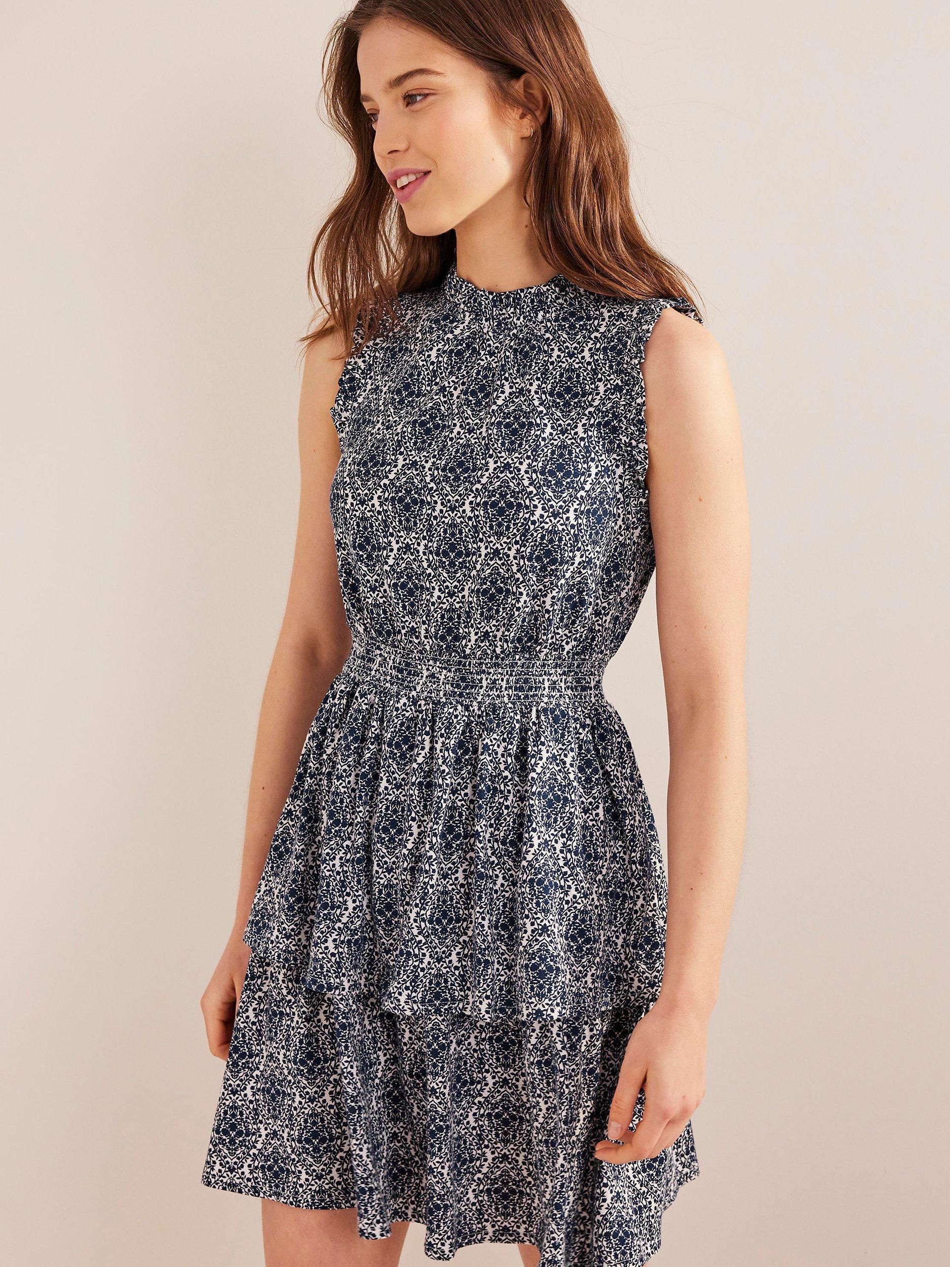 Boden Vine Ruffle Jersey Dress, Prussian Blue