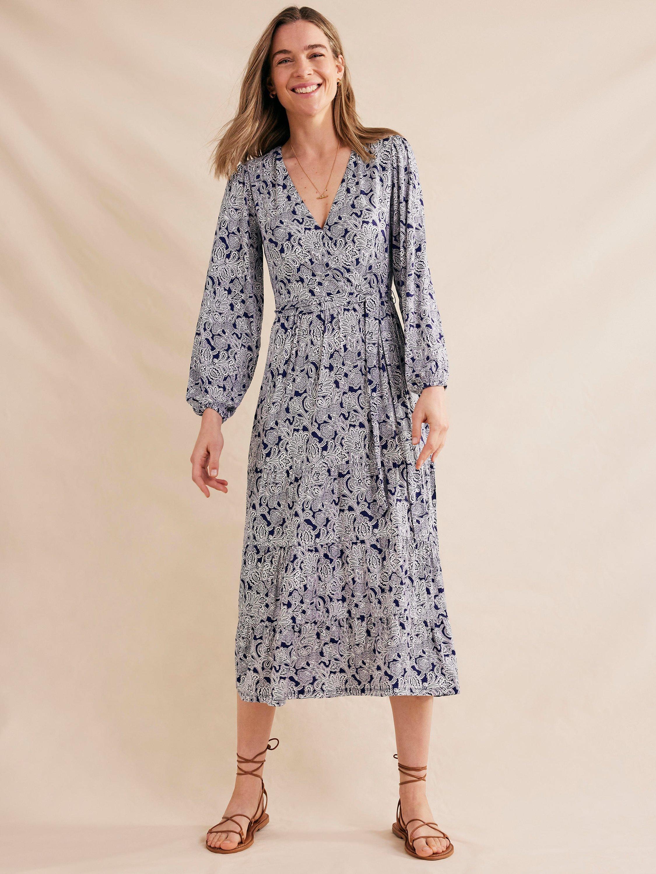 Boden Tiered Wrap Midi Dress, Blue/Multi