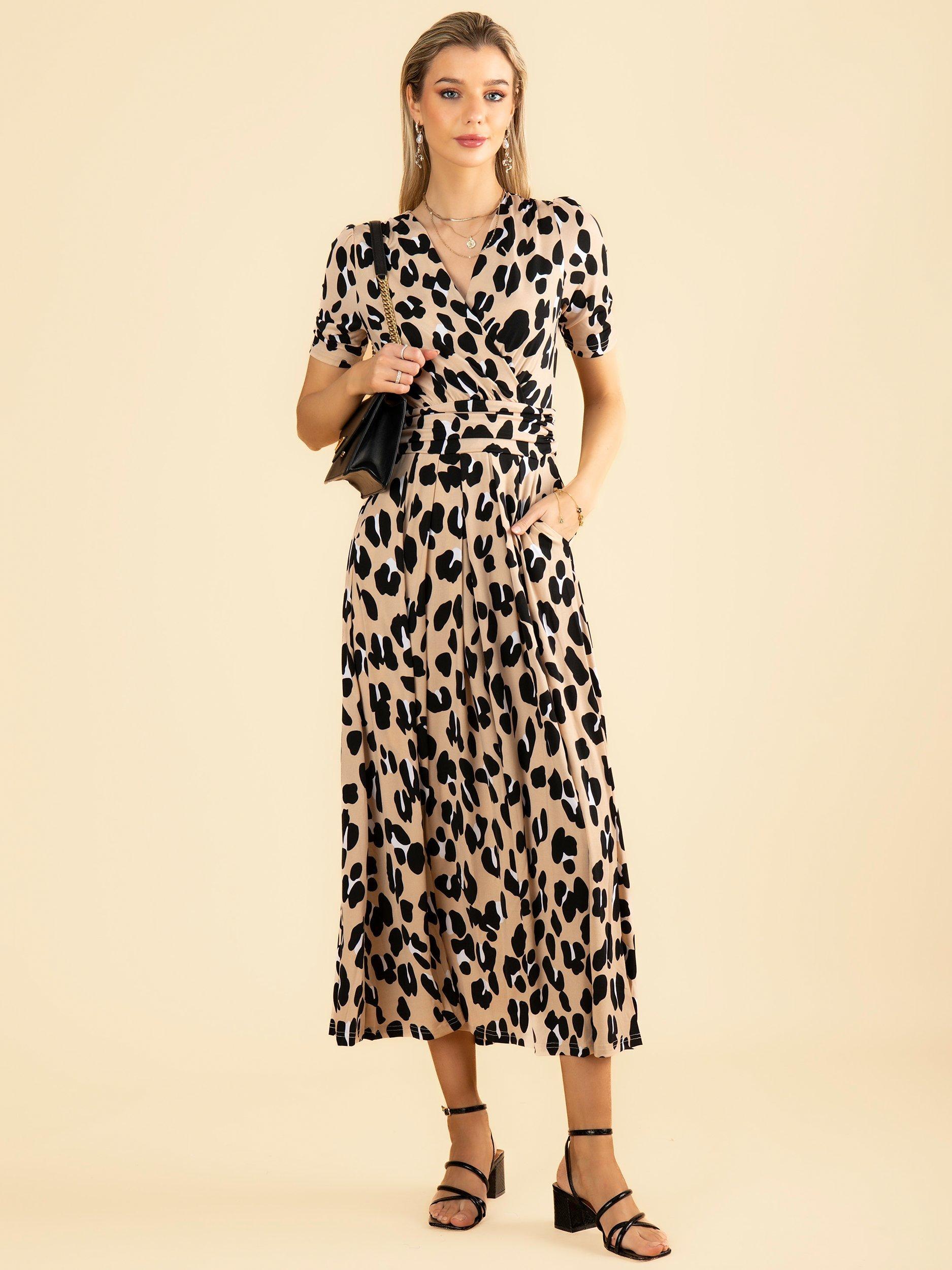Jolie Moi Kiera Wrap Front Midi Dress, Camel Animal