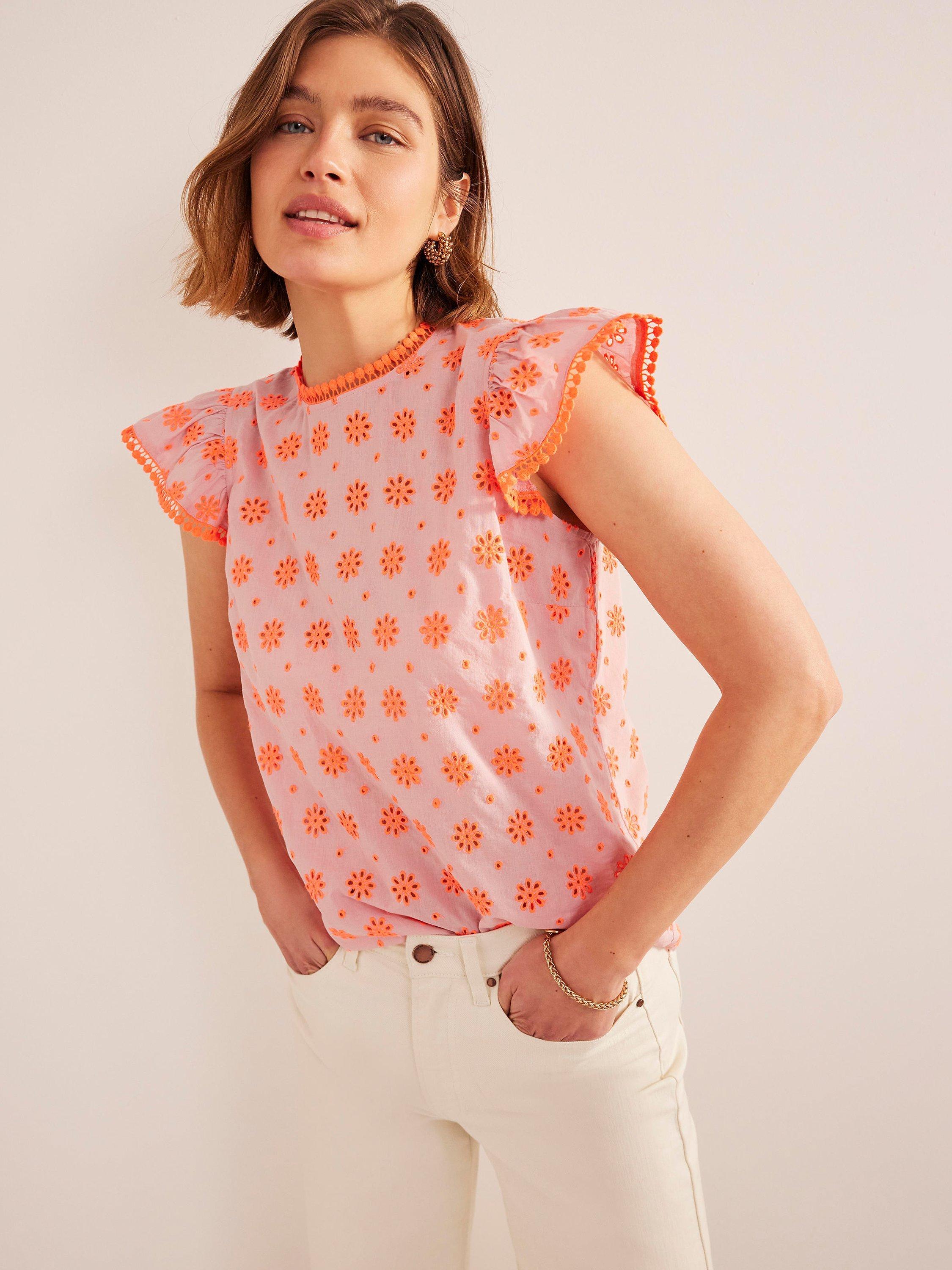 Boden Embroidered Pom Pom Trim Top, Watermelon Punch