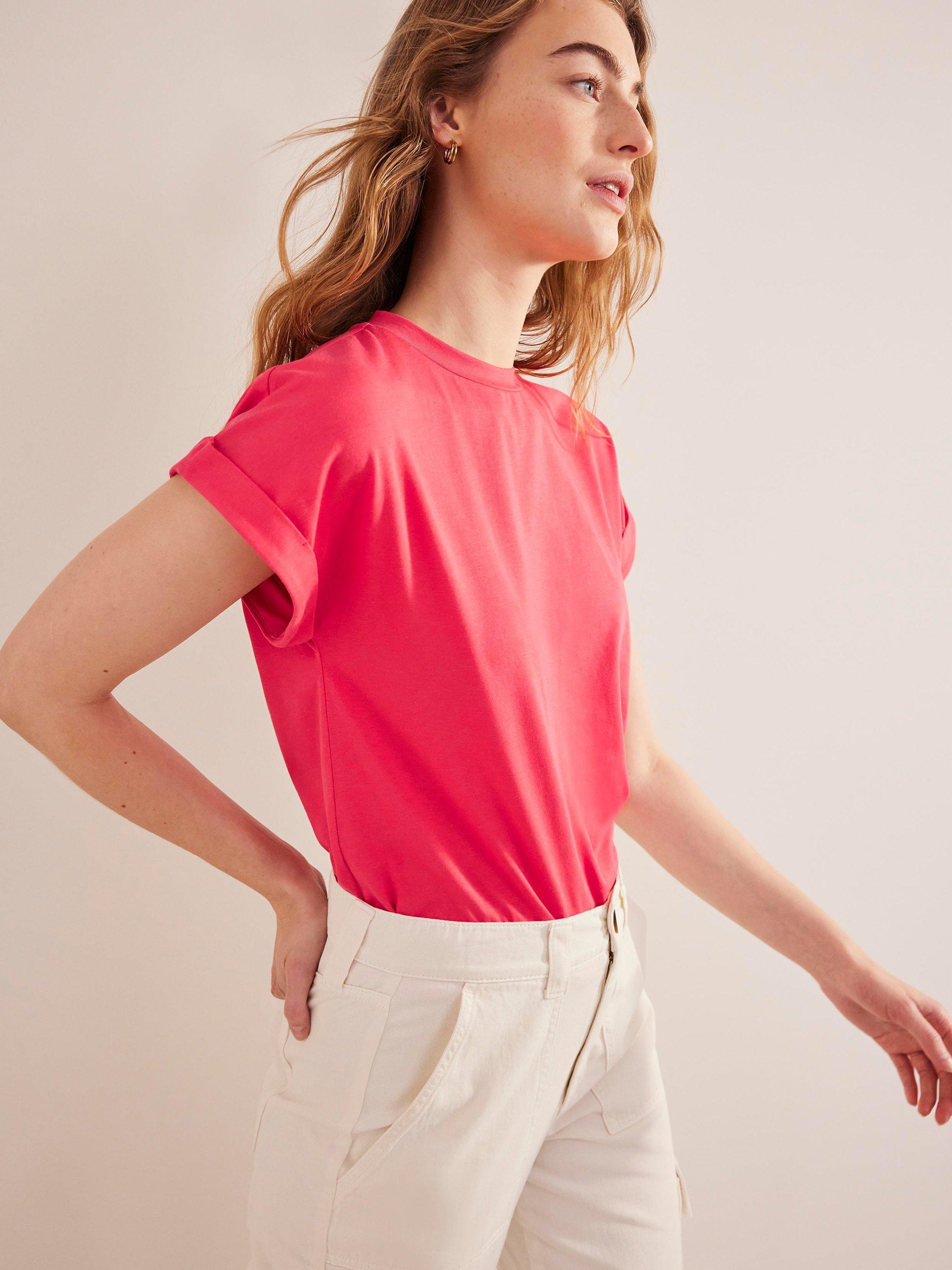Boden Plain Crew Neck Turn Up Sleeve T-Shirt, Festival Pink