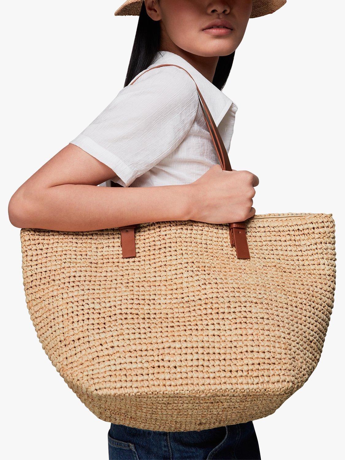 Product image 5 of 5, which shows Whistles Teya Buckle Handle Straw Tote Bag, Neutral, One Size