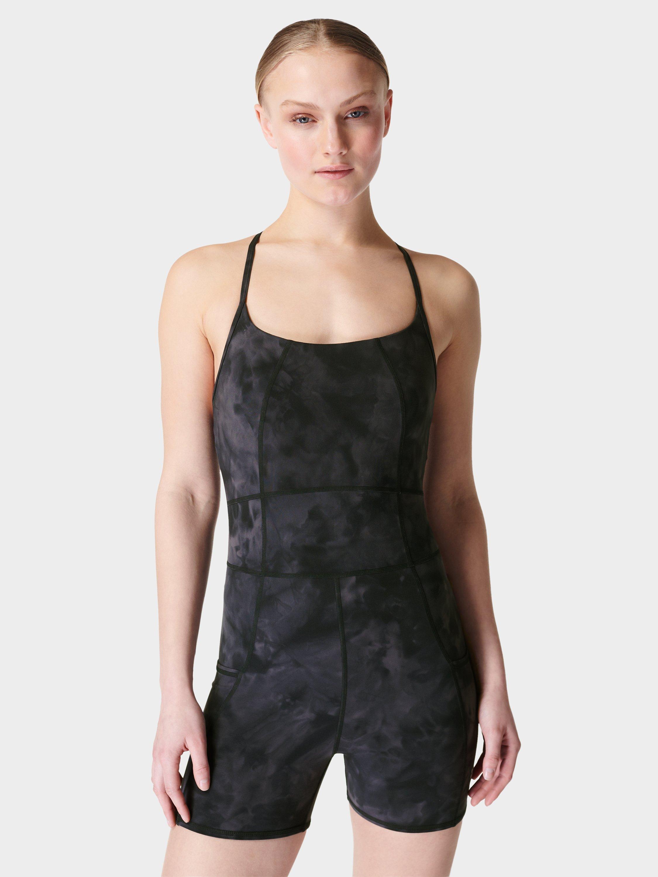 Sweaty Betty Super Soft Short Bodysuit, Black Spray Dye Print