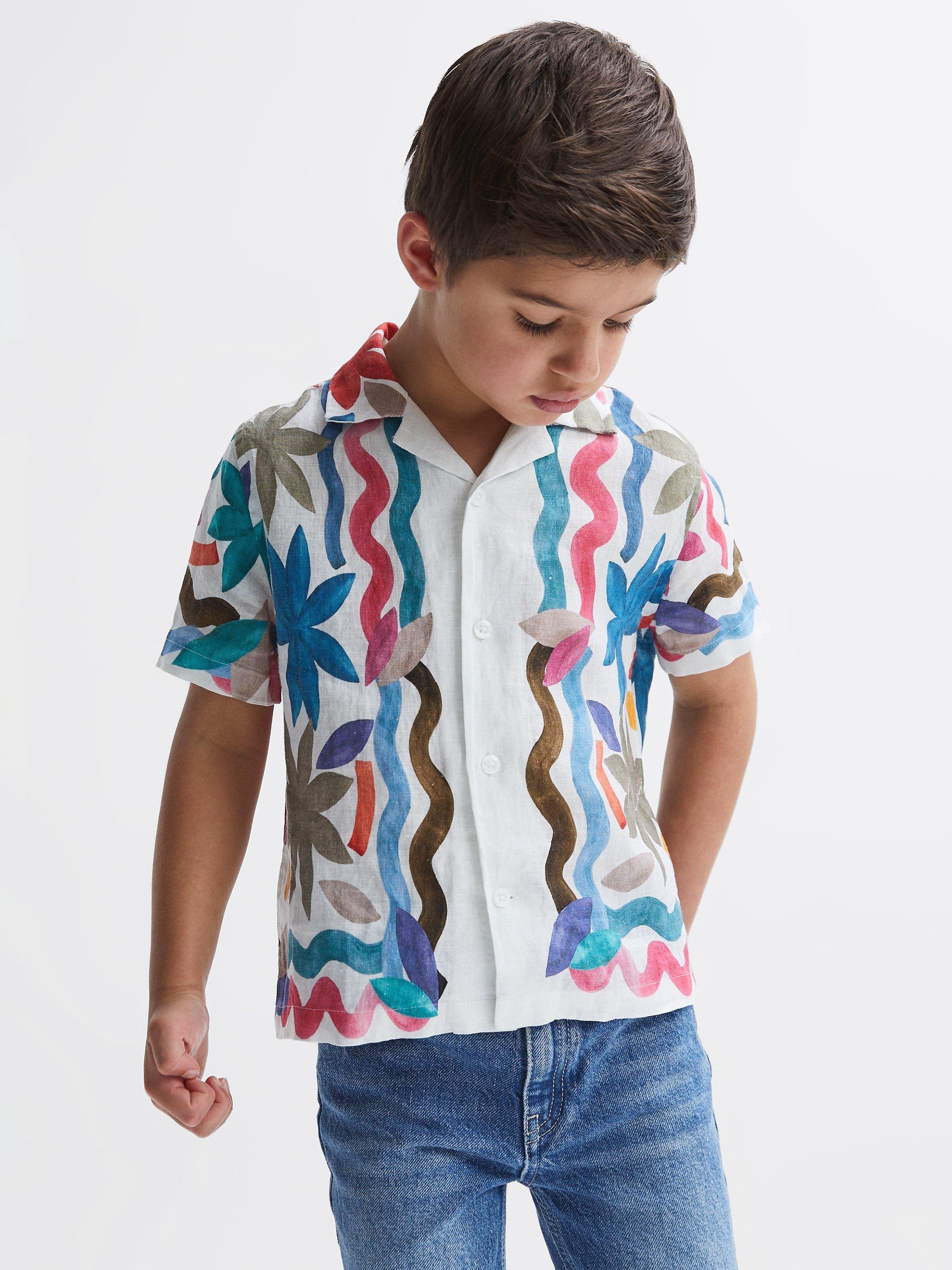 Reiss Kids' Delphi Linen Short Sleeve Cuban Collar Shirt, Multi, 11-12 years