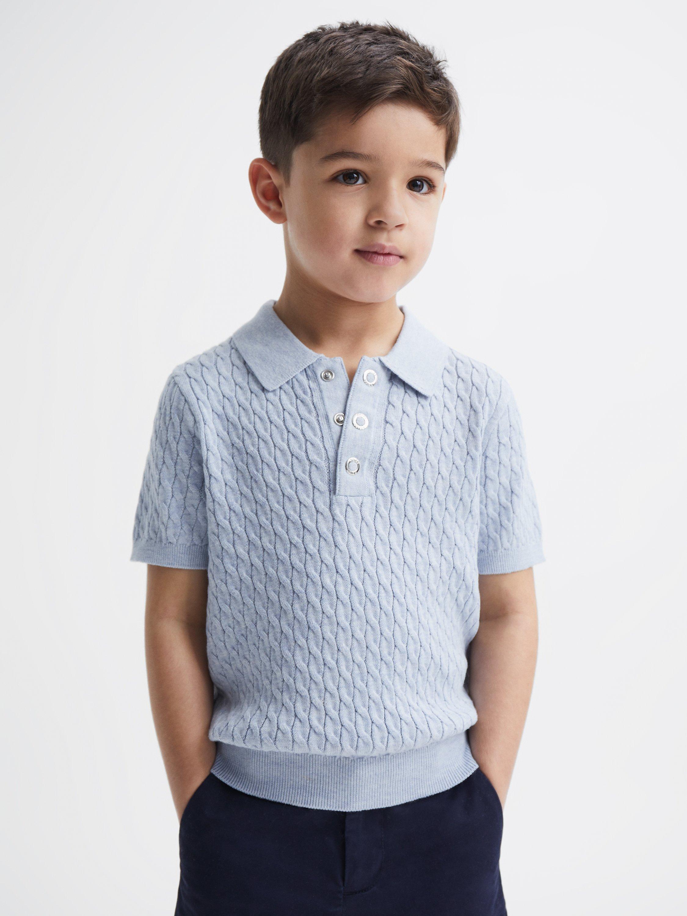 Reiss Kids' Eli Cable Stitch Short Sleeve Top, Soft Blue Melan