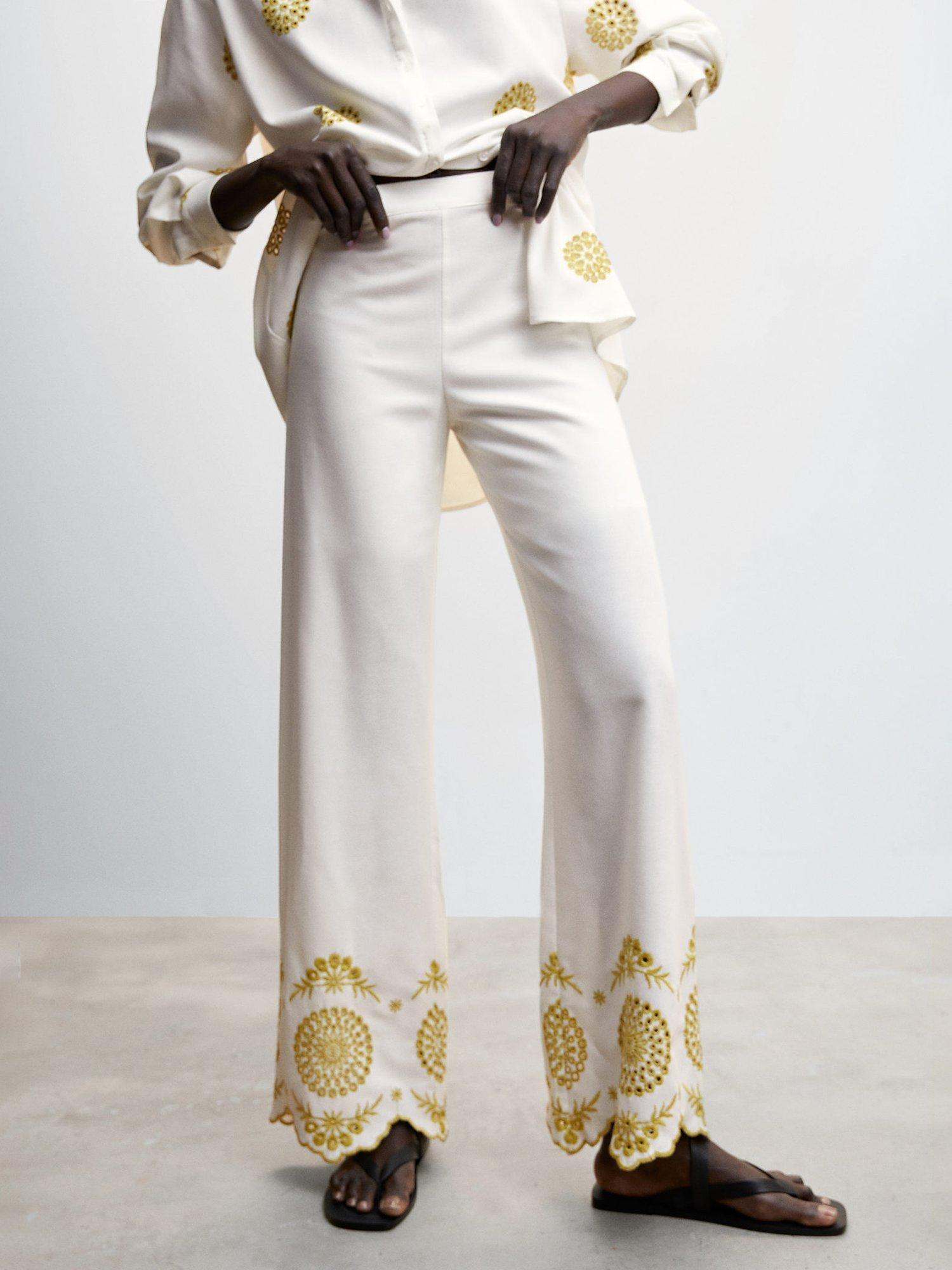 Mango Dalia Swiss Embroidered Culotte Trousers, Natural White
