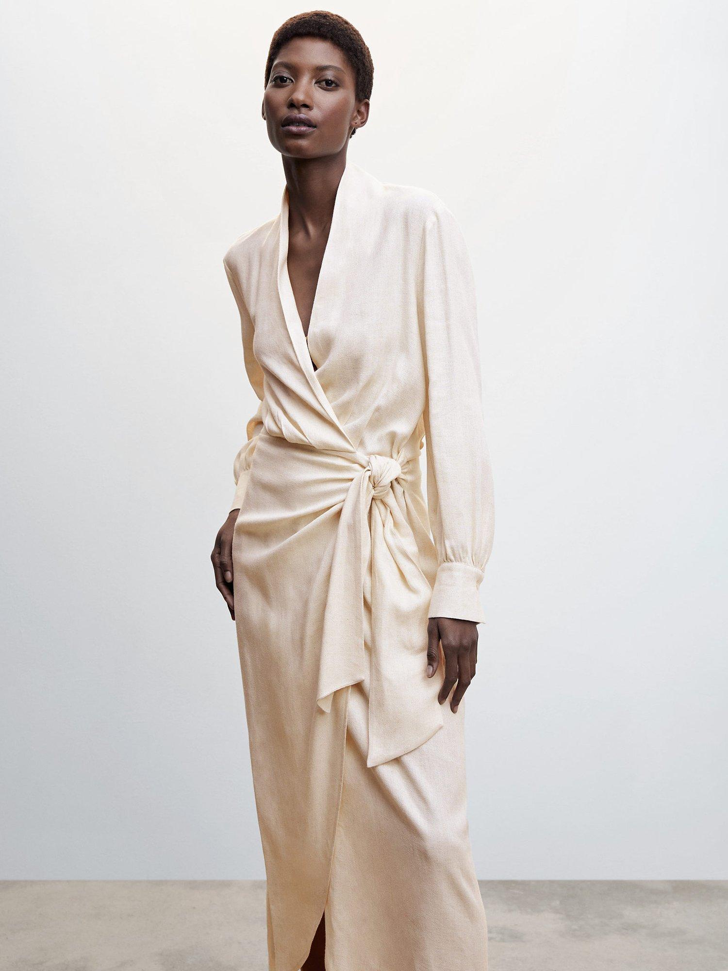 Mango Rustik Draped Linen Blend Wrap Dress, Light Beige