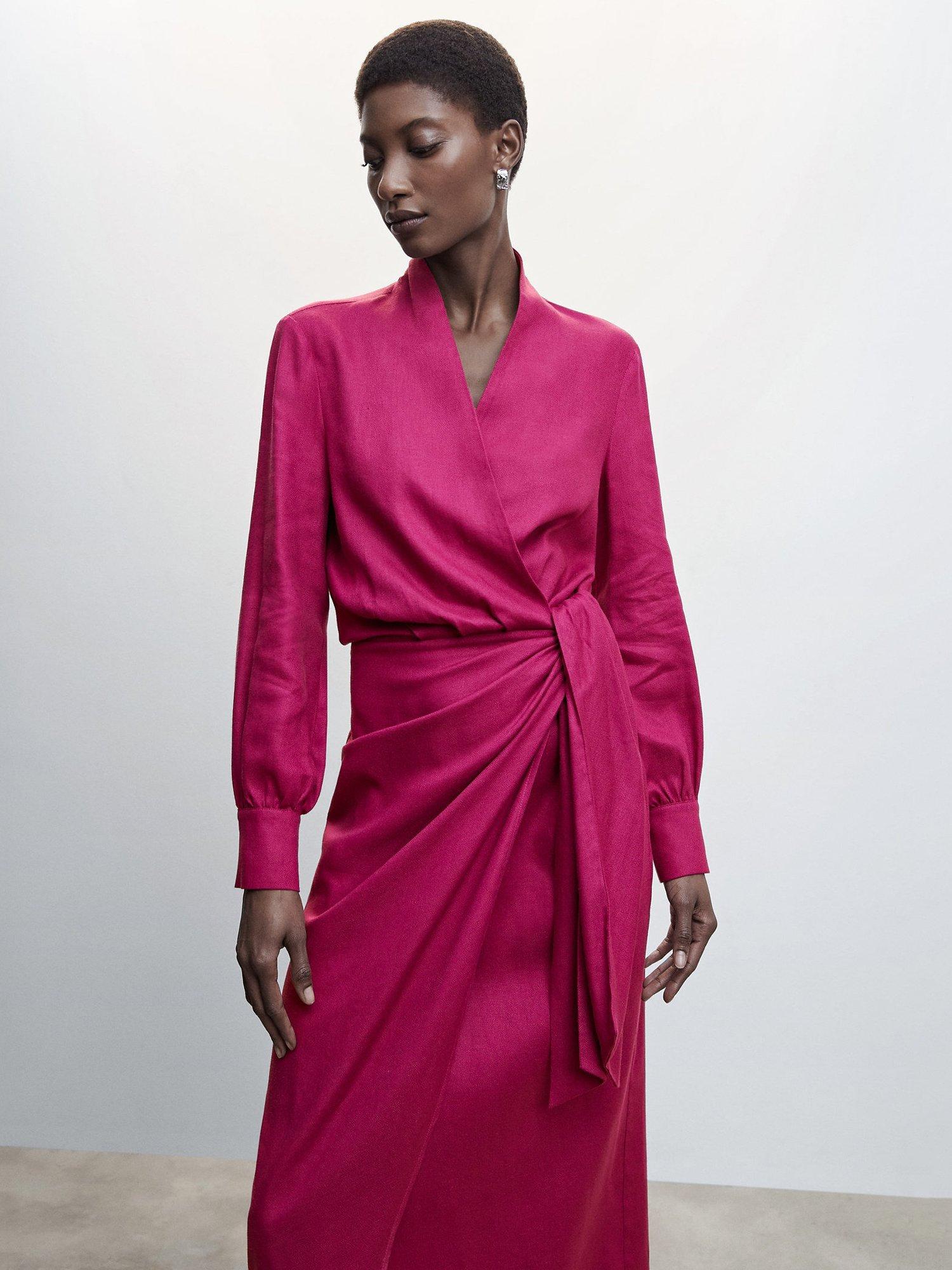 Mango Rustik Draped Linen Blend Wrap Dress, Bright Pink